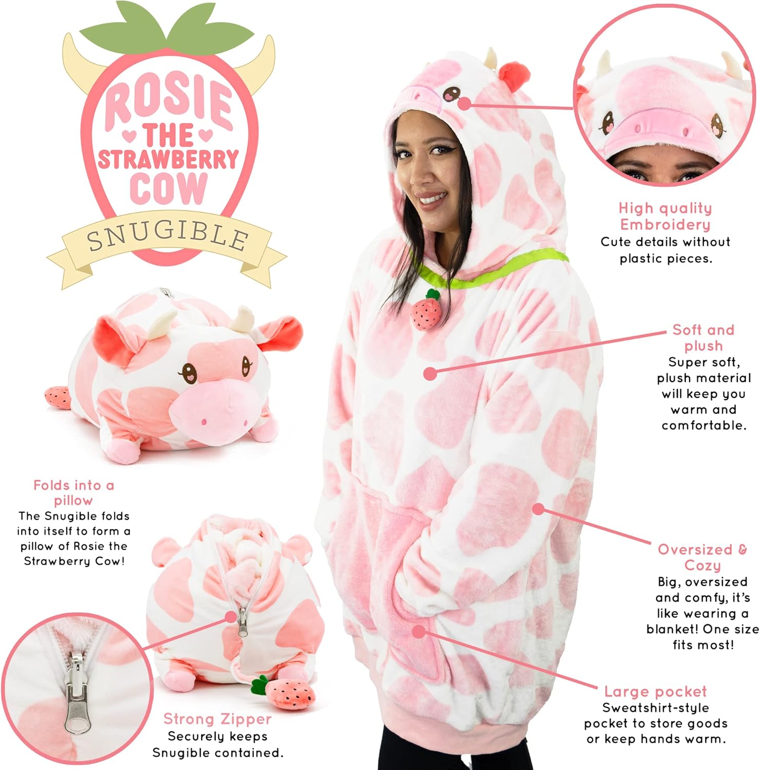 Plushible Wearable Hooded Blanket for Adults, Oversized Hoodie with Sleeves & Pocket, 2-in-1 Comfy Hoodie Blanket Pillow - Strawberry Cow