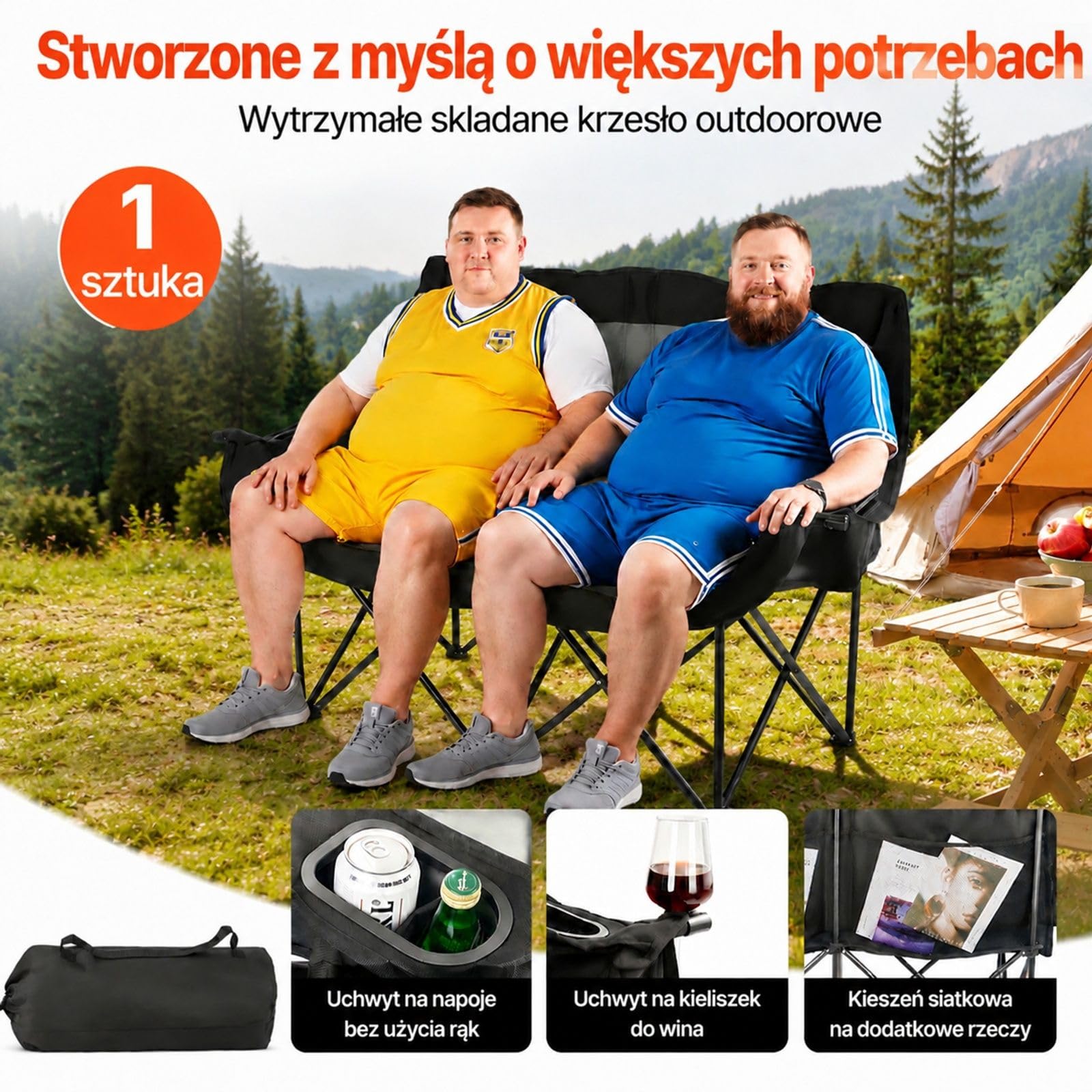 Składane krzesło kempingowe dla 2 osób, tkanina Oxford 600D, czarno-szare, uchwyty na napoje i czasopisma, torba, wędkowanie