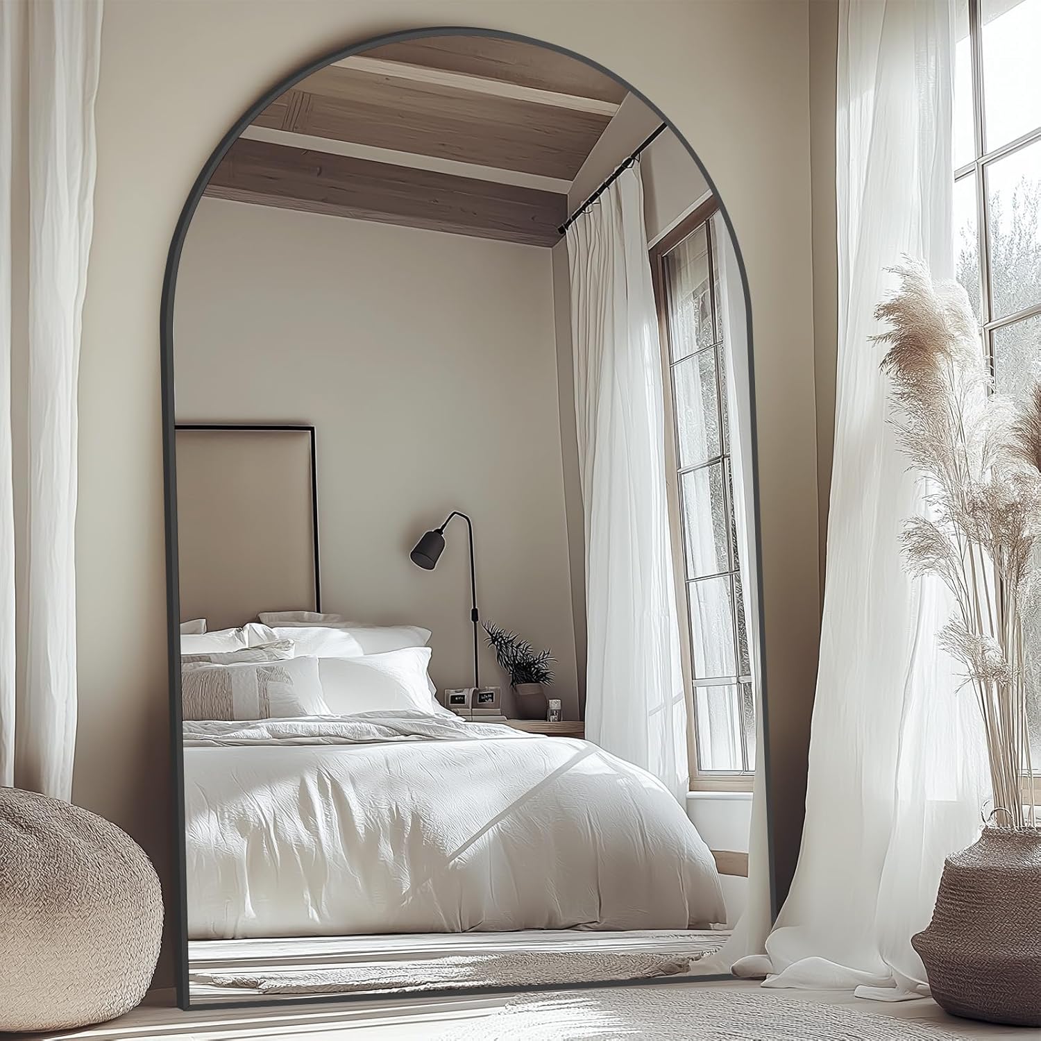 Oversized Floor Mirror Full Length with Stand, 72"X44" Extra Large Arch Standing Mirror Full Length, Tempered Glass Black Full Body Mirror for Bedroom Living Room, Aluminum Alloy Frame Black-arch 72"L x 44"W