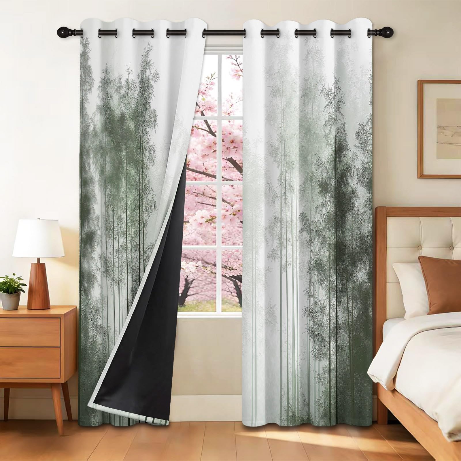 117 x 229 cm Termiczne zasłony zaciemniające zestaw 2 sztuk, mgła leśna i bambusowa zasłona zaciemniająca z oczkami do sypialni, redukcja hałasu, szaro-biała