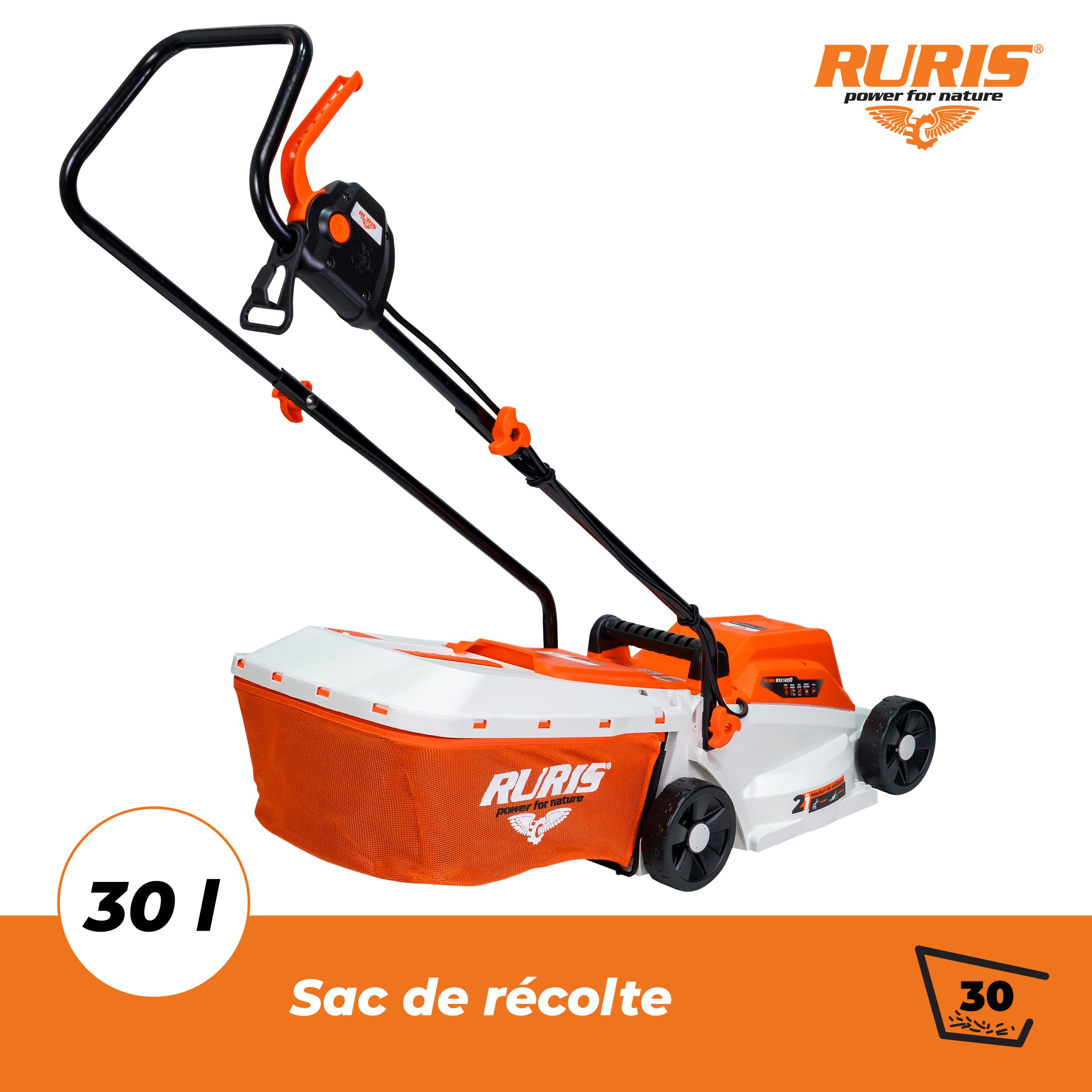RURIS Tondeuse à Gazon Électrique RXE1200 1200W, Largeur de Coupe 320 mm, Hauteur Réglable 25/45/60 mm, Bac de Ramassage 30 L, 3100 TR/Min, Orange