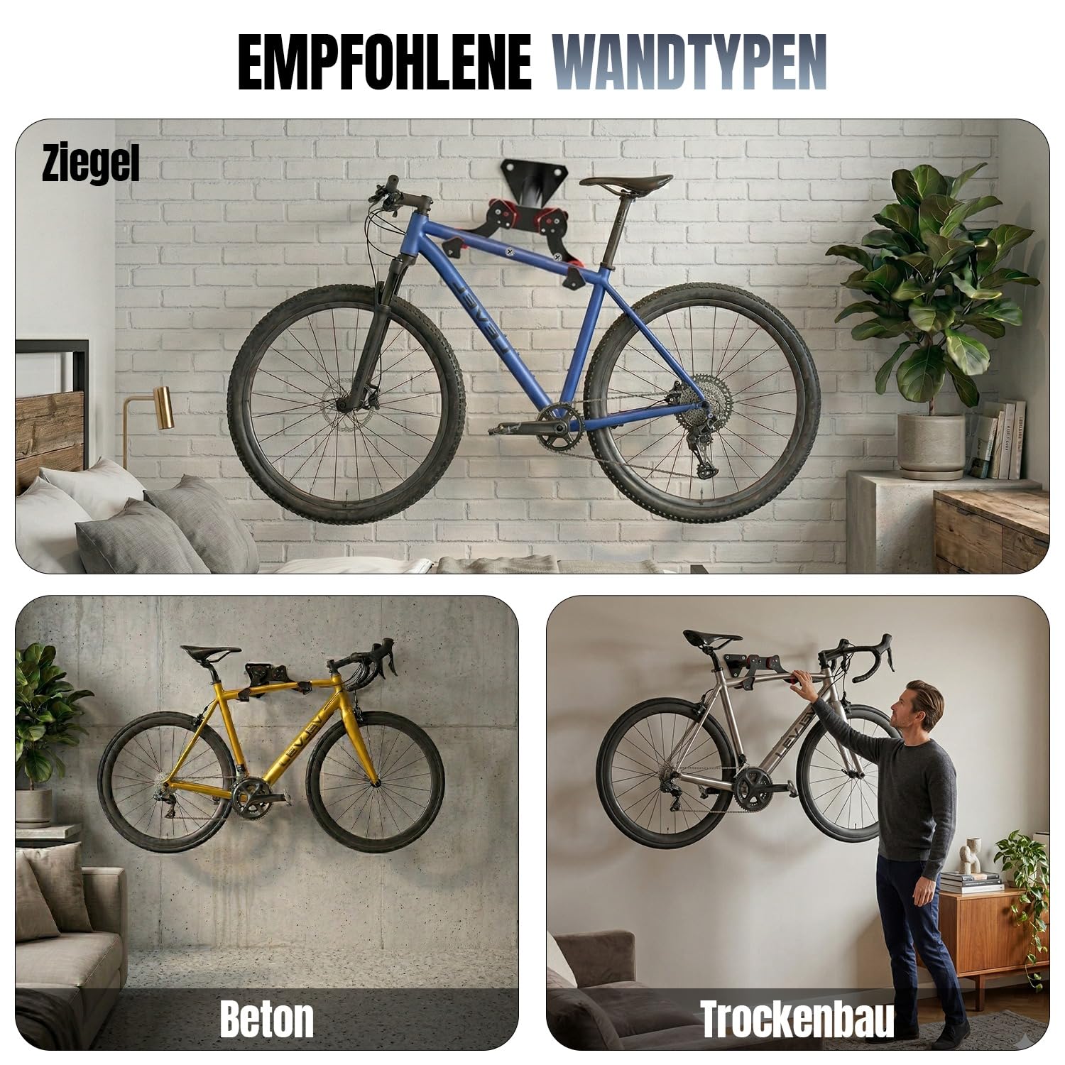 Fahrradwandhalterung verstellbar 35-46cm, bis 30kg, Rennrad MTB & E-Bike