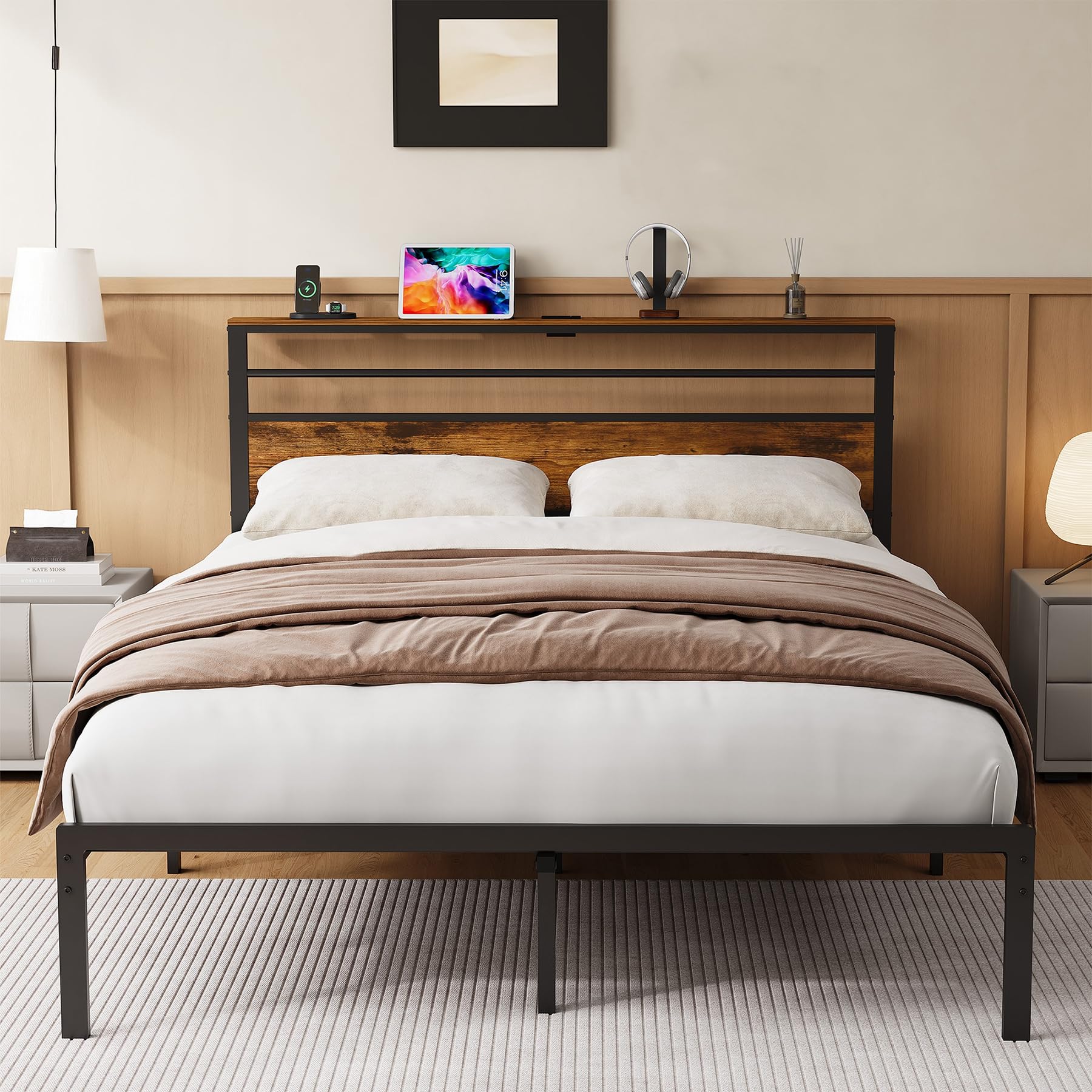 Photo 1 of ** SIMILAR ** HIROHRTV Queen Bed Frame with Headboard, Anti-Slip Embedded Platform Bed with Retro Wooden Shelf, Built Charging Station for Small Spaces, Quiet Design, Black (Queen)