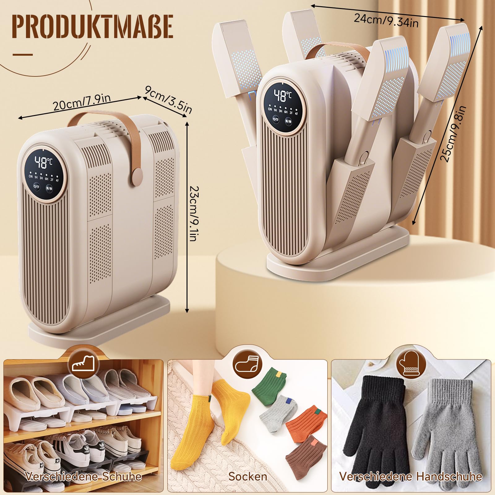 4 In 1 Schuhtrockner Elektrisch Antibakteriell, Shoe Dryer mit 1/3/6H Timer und 2 Windgeschwindigkeitseinstellungen, Tragbar Skischuhtrockner für Schuhe, Handschuhe, Hüte, Socken & Fußballschuhe