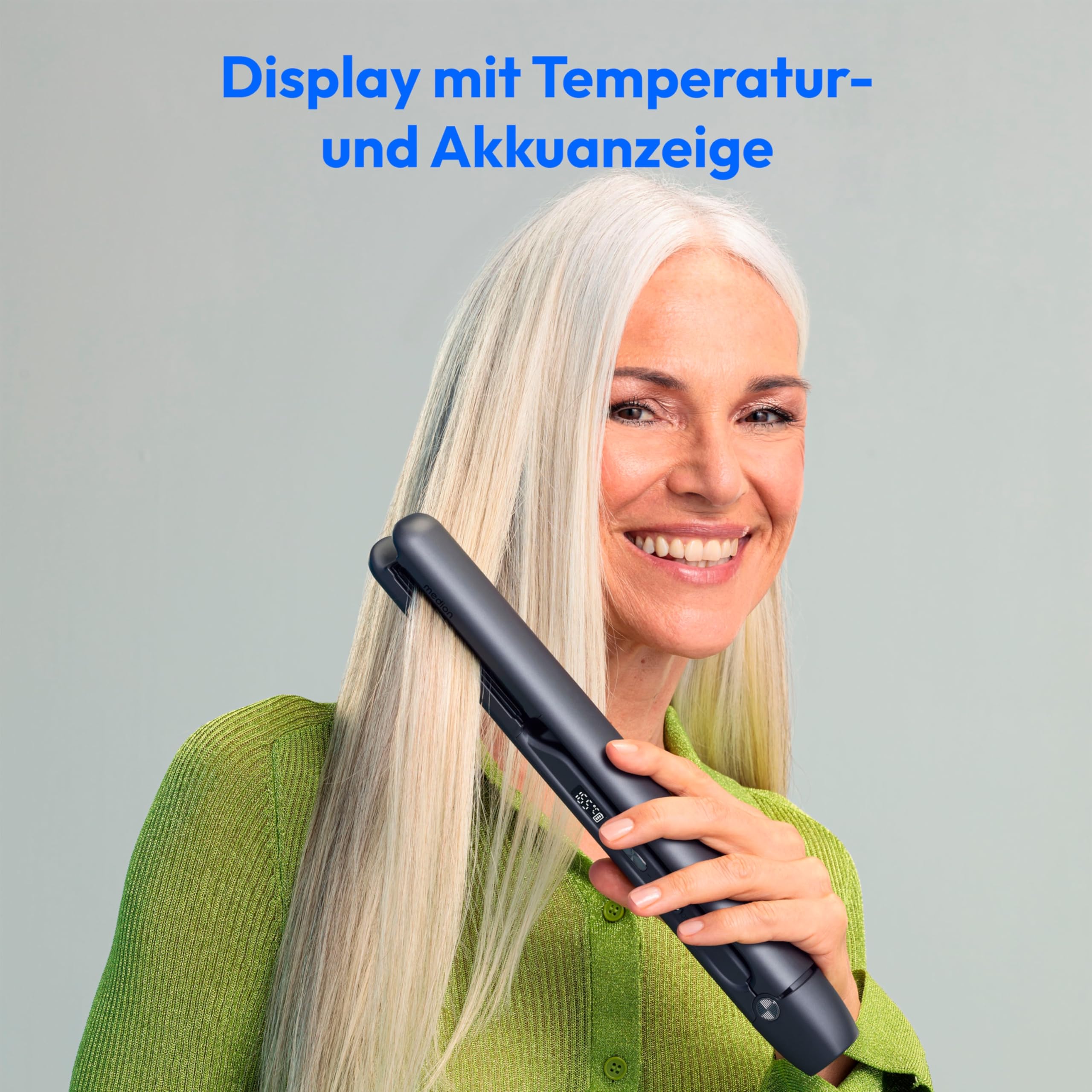 MEDION Glätteisen HS2 (kabellos, Display, 5 regelbare Hitzestufen, 165° bis 210°, breite flexible Keramik - Turmalin Heizplatten, Silikon Schutzhülle, Temperatursensor, Haarglätter) schwarz