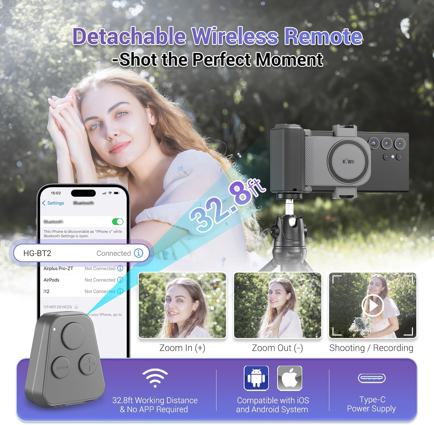 KIWIFOTOS for Magsafe Phone Camera Grip Magnetic Phone Tripod Handle with Bluetooth Remote & Cold Shoe Adapter for iPhone 16 Pro Max Samsung Smartphone Vlog Video Shooting