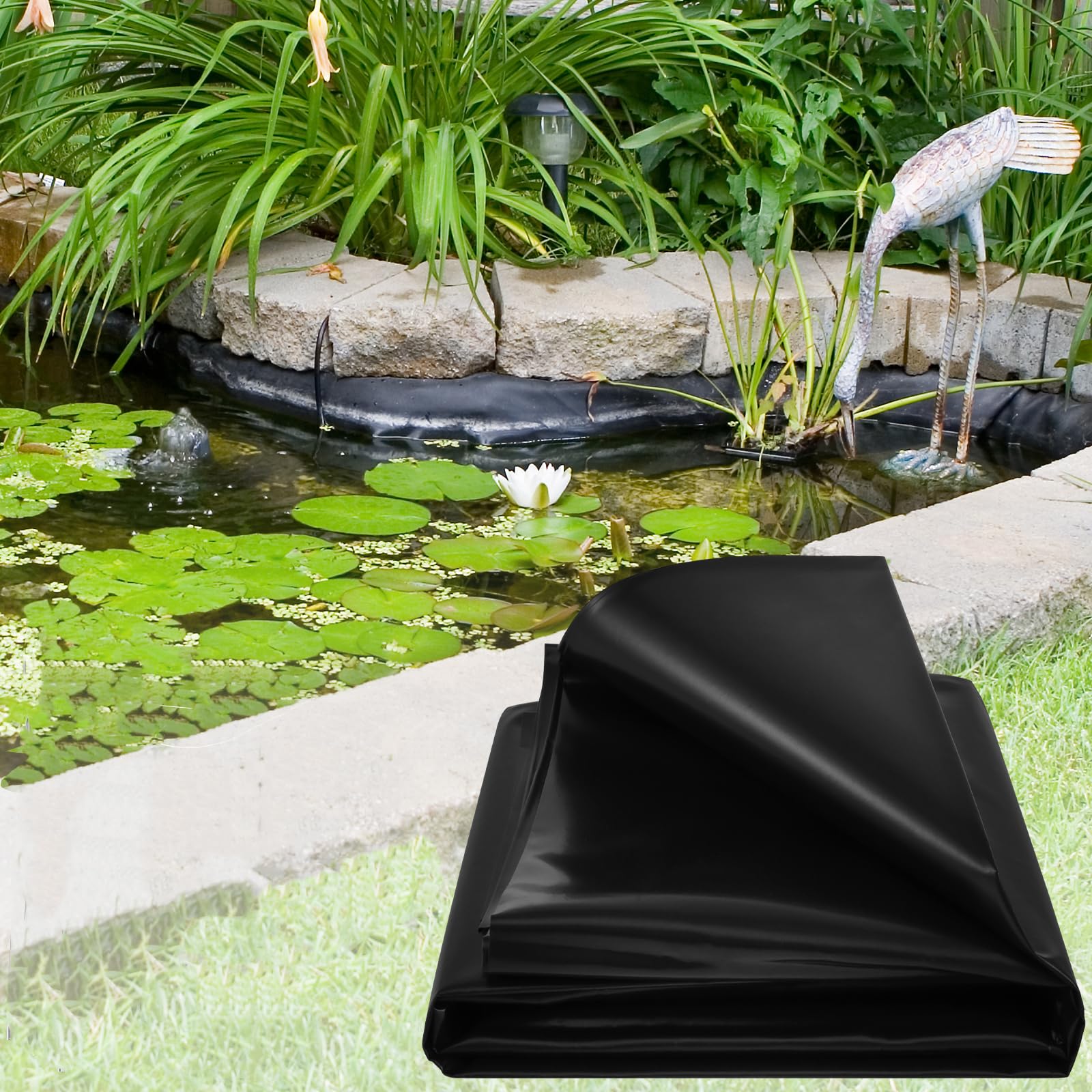 Rivestimento per laghetto flessibile, in HDPE rinforzato, nero, per laghetti all'aperto, in gomma pieghevole, per stagni a cascata, stagni e laghetti per pesci, 3 x 3 m