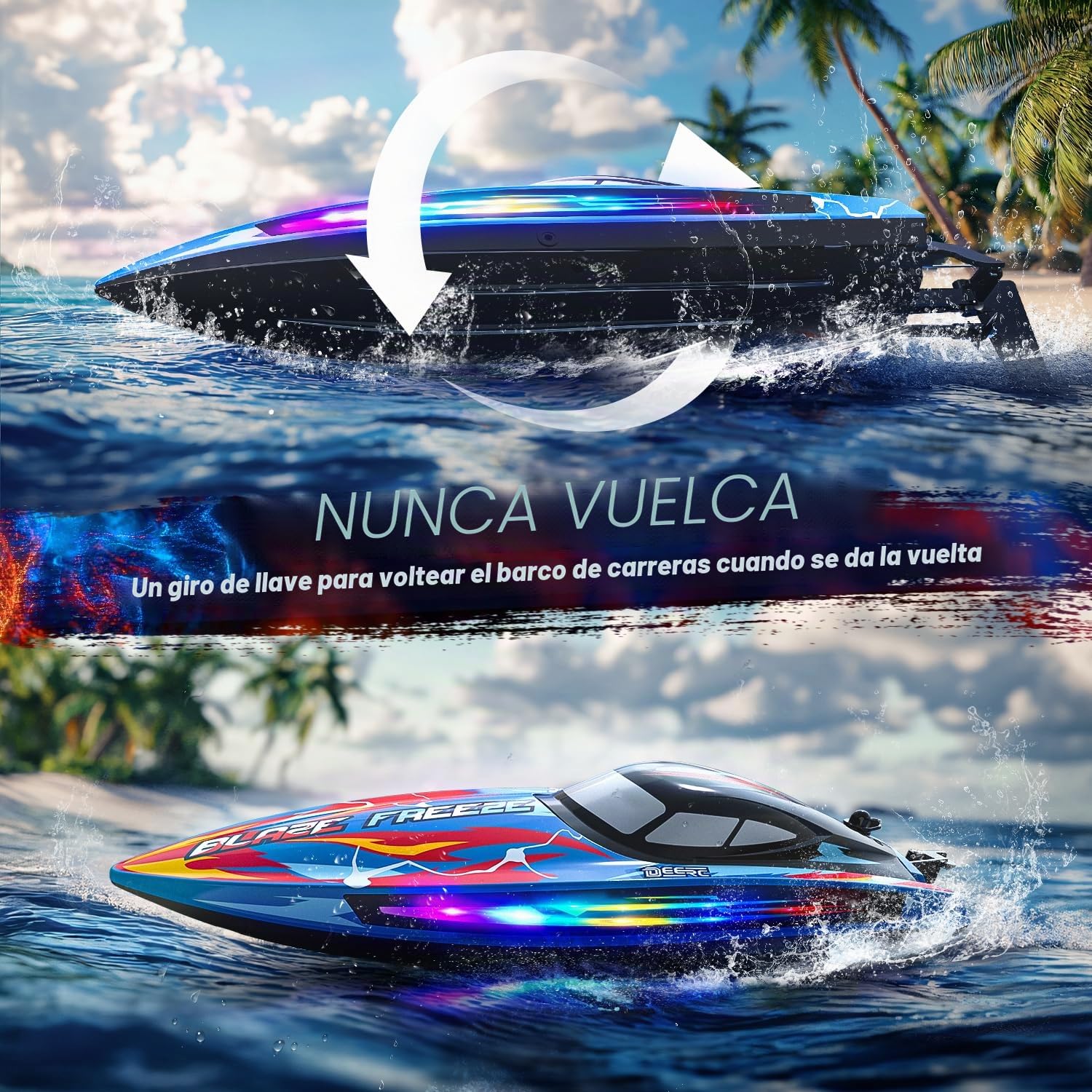 DEERC Barco Teledirigido Lancha rápida a Control Remoto para Piscina y Lago con luz LED, 20+mph, 40+ Mins, autoadrizable, para niños, Juguete acuático de Verano de 2,4 GHz