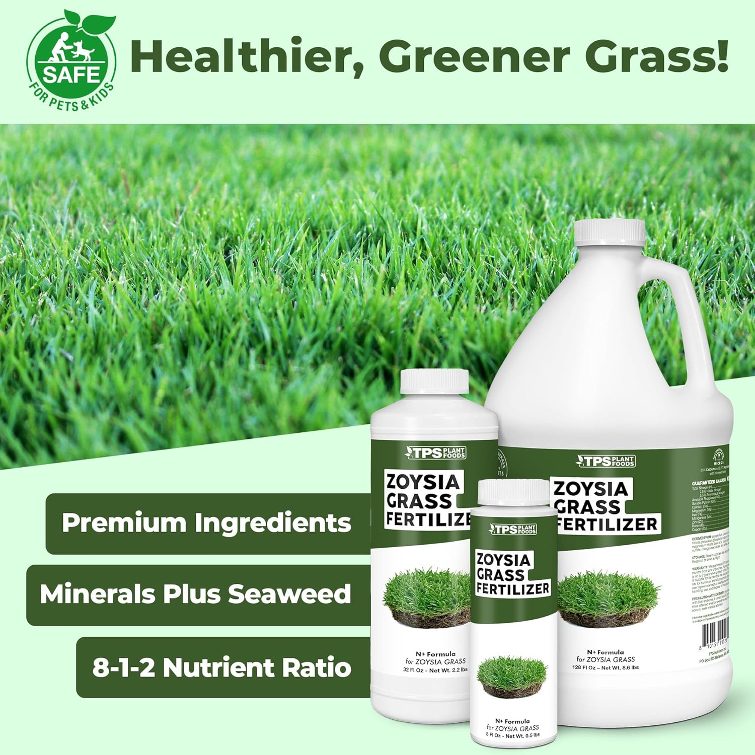 Zoysia Grass Fertilizer – Liquid Lawn Food for Dense Turf, Rich Green Color & Strong Root Development, 1 Gallon