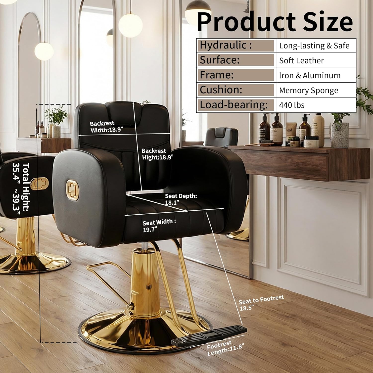 Baasha Black & Gold Reclining Salon Chair - All Purpose Hydraulic Barber Chair with Removable Headrest - Comfortable Styling Chair for Makeup, Lash, Tattoo, Braiding & Shaving, 440 lbs Cap.