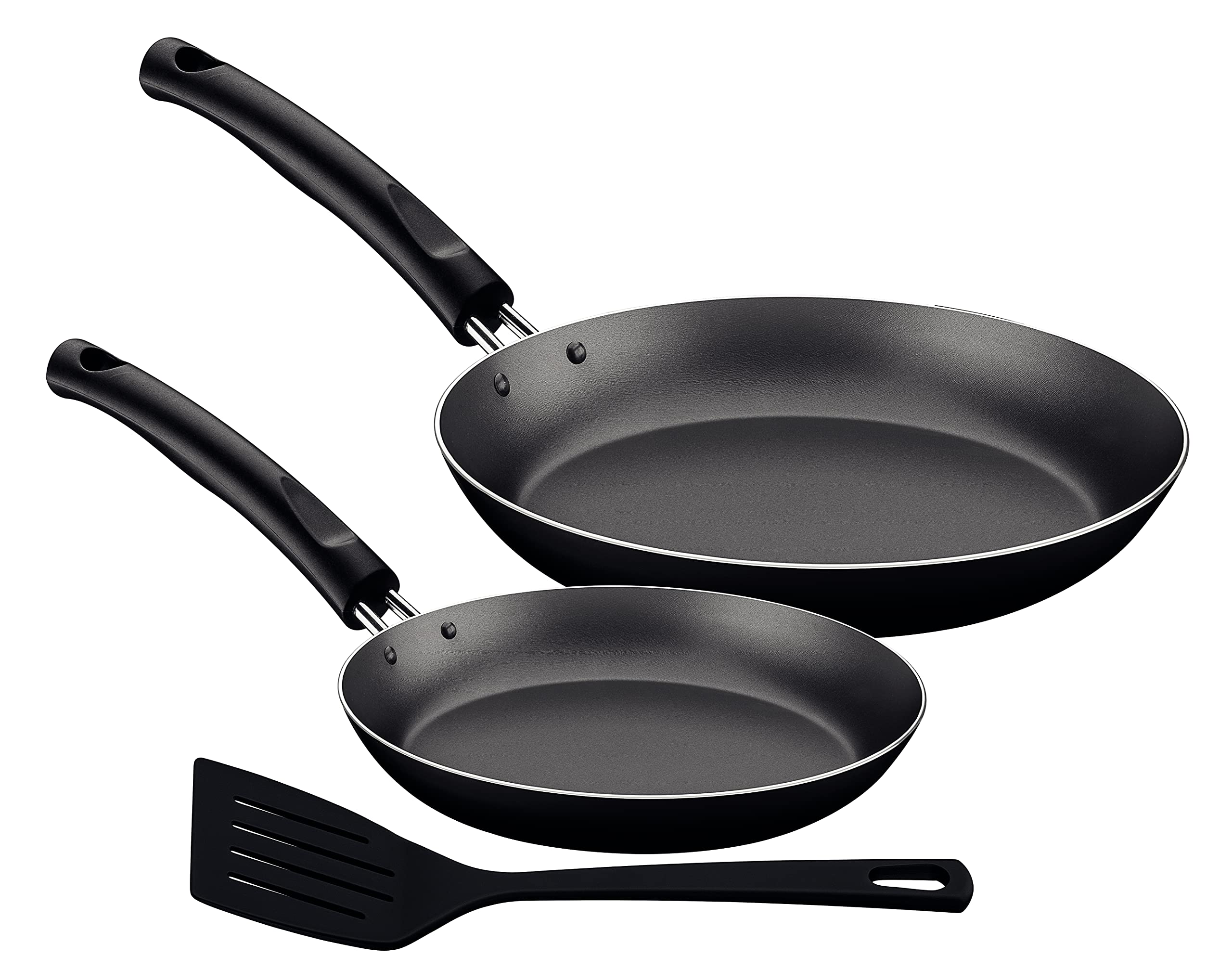 TramontinaParis 3 Pieces Black Aluminum Frying Pan Set with Interior Starflon Max PFOA Free Nonstick Coating and Exterior Silicon Coating 20cm + 26cm + Spatula
