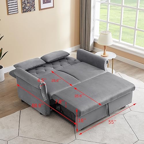Miniatura 6 de Sofá cama biplaza extraíble de 55 pulgadas, respaldo ajustable de terciopelo brillante, sofá cama de 2 plazas con 2 ruedas giratorias, almohadas
