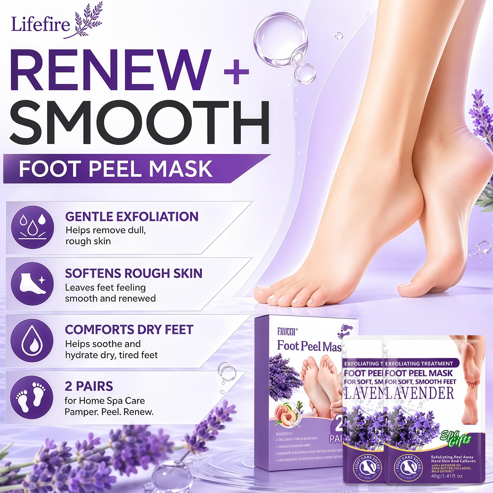 2 Paia Maschera Piedi Esfoliante, Peeling Piedi Idratante, Cura dei Piedis Secchi e Talloni Screpolati, Calzini Nutrienti con Olio, Per i Piedis Per Uomini e Donne (Lavanda)