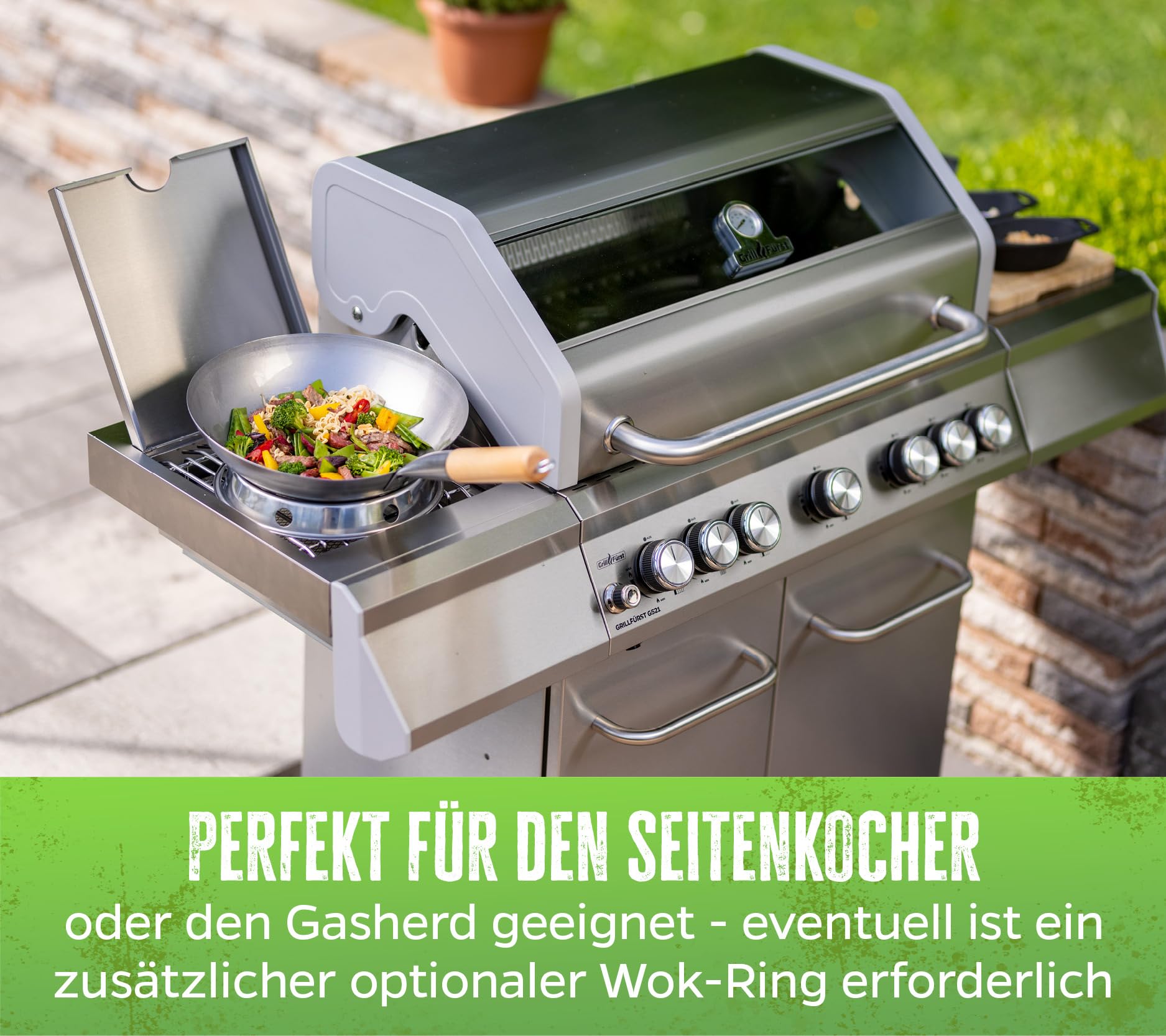 Grillfürst Wok Pfanne aus Edelstahl Ø 30 cm - mit Holzgriff - Edelstahlpfanne mit rundem Pfannenboden - ideal für Seitenkocher eines Grills oder Gasherd, inkl. Wok-Ring