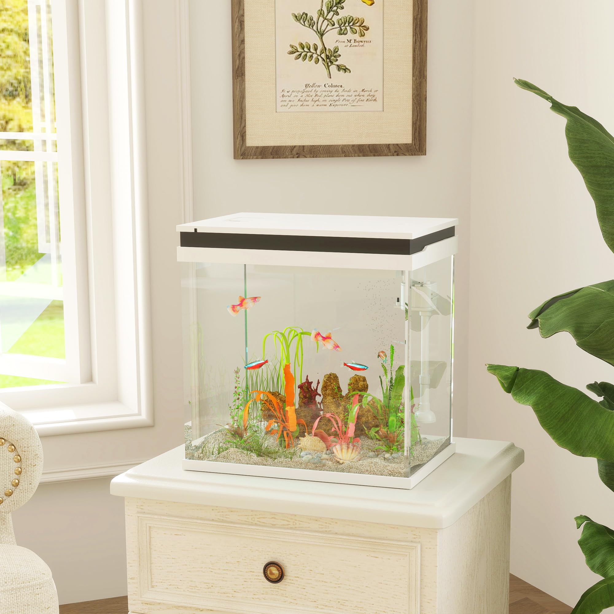 PawHut 26L Acquario in Vetro per Pesci Rossi con Pompa d'Acqua e Filtro, Acquario Completo con Illuminazione LED, Vaschetta per Pesci Acqua Tropicali, 38x26x38cm, Bianco