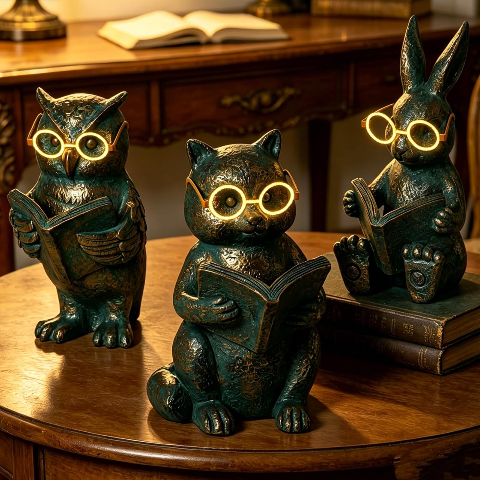 Zestaw figurek zwierząt w stylu retro, sowa, królik, szop, statuetka ze świecącymi w ciemności okularami na biurko, regał na książki, dekoracja domu, jednoczęściowy