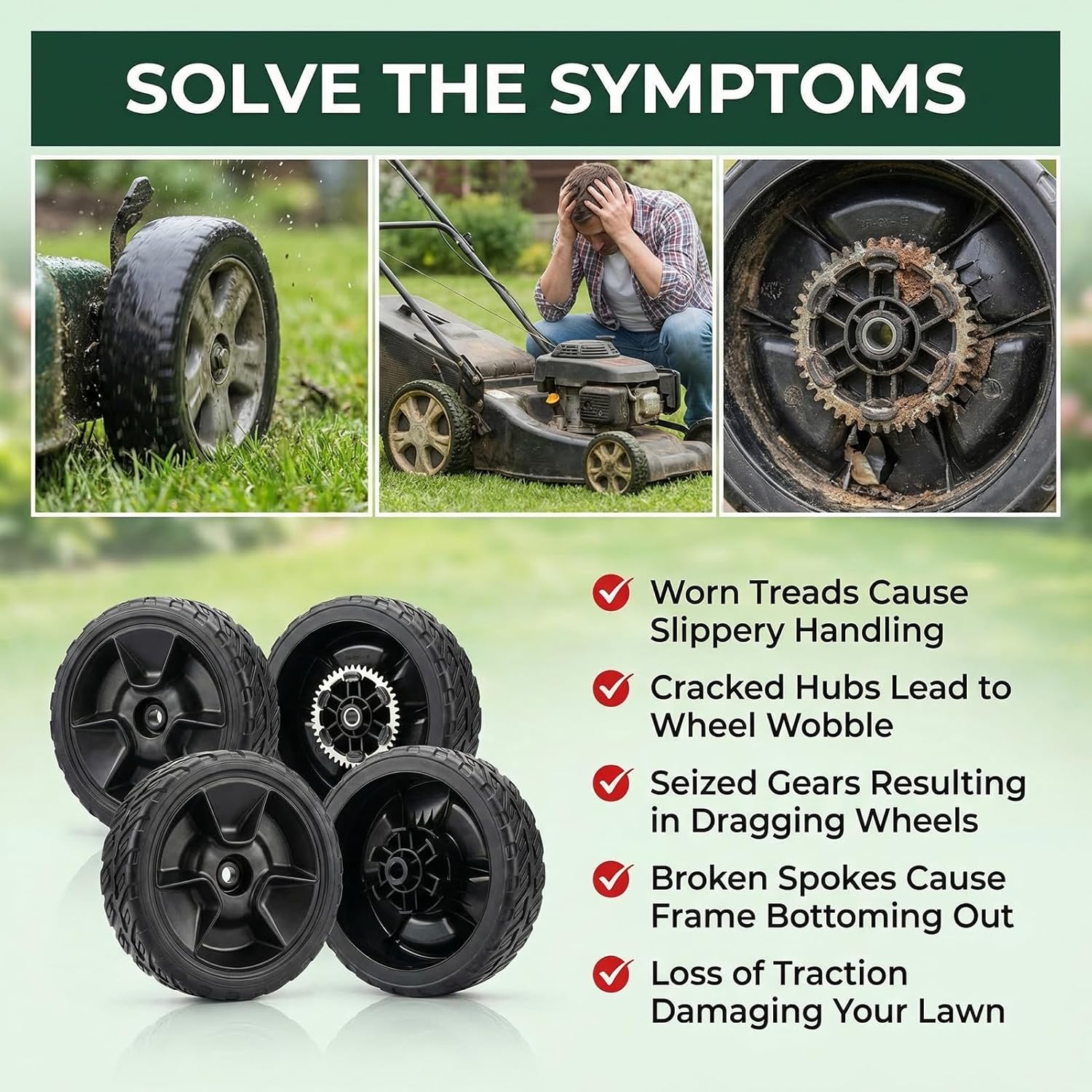 4 Pack 8" Lawn Mower Wheels Kit for Honda HRN216, Includes 2 42710-VR8-N00ZA Rear Wheels & 2 44710-VR8-N00ZA Front Wheels, Compatible with HRN216 VKA VYA VLA Models