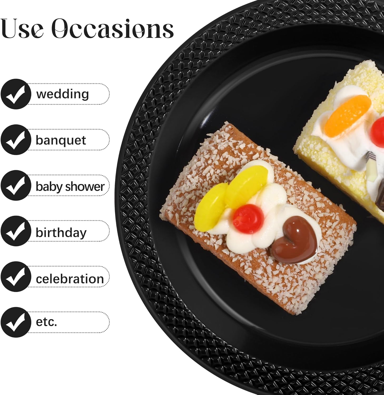 Kochorie 300-Pack Black Disposable Plastic Plates 6 Inch Round Dessert Dinner Plate Food Grade BPA Free Heavy Duty Wedding Cake Bulk for Events, Weddings, Birthdays, Graduation