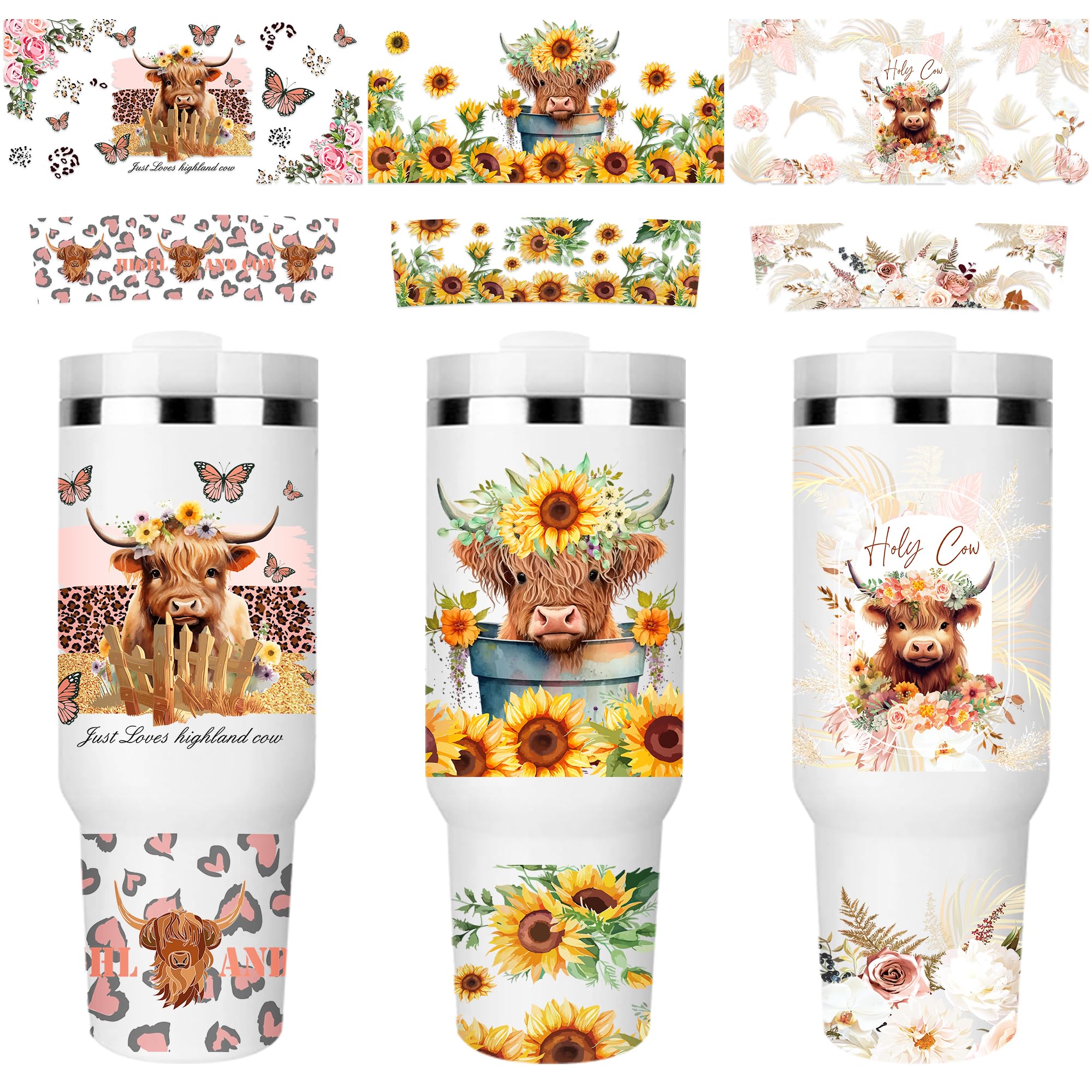 Amazon.com: UV DTF Cup Wrap Transfer - 6 Sheets Highland Cow Sunflower  Butterfly Heart Floral Design UVDTF Cup Wraps Transfer Stickers, Cup Decals  DIY Crafts Waterproof, UV DTF Cup Wraps for 40