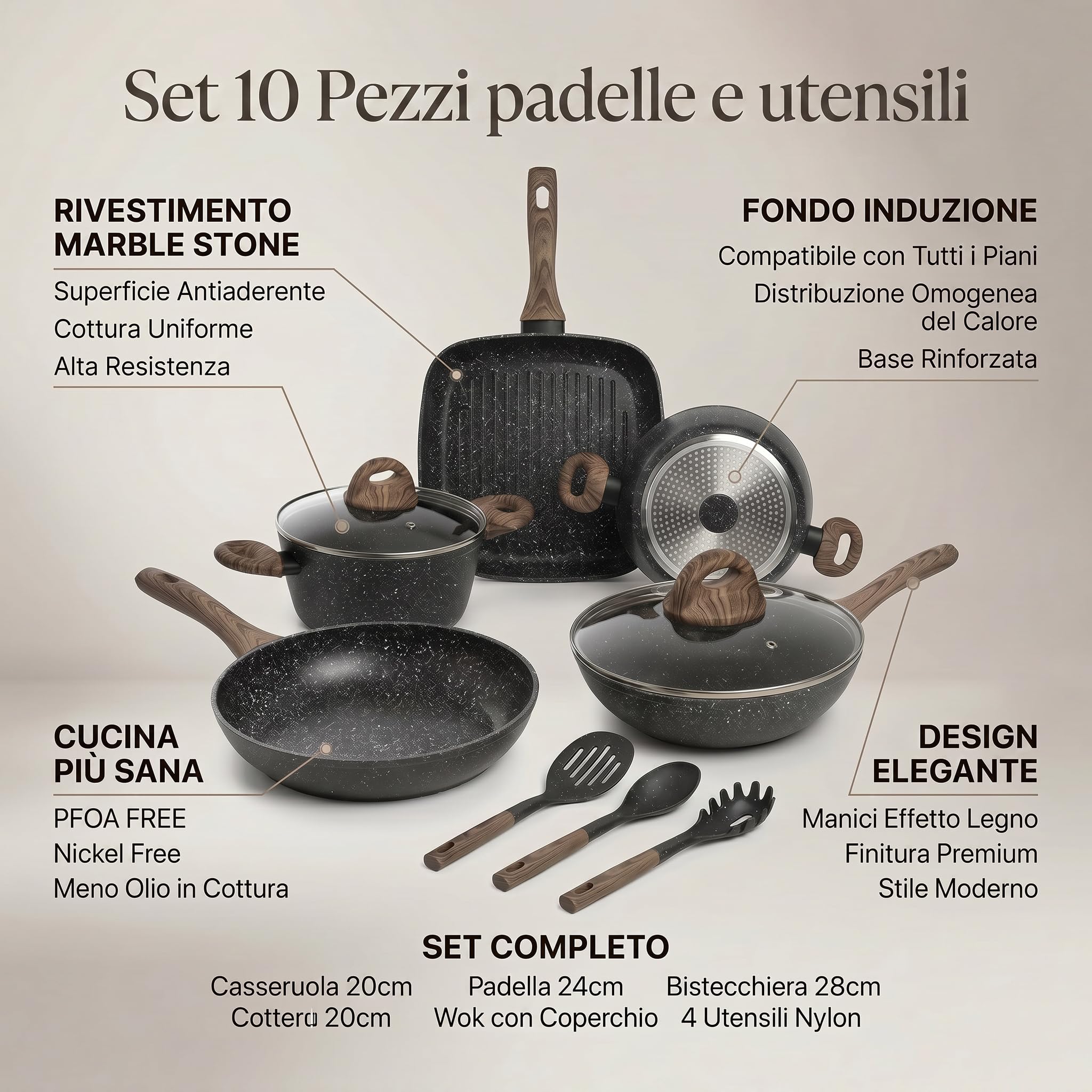 INTRECCI Set 10 Pezzi Padelle e Utensili Cucina con Casseruola, Wok, Bistecchiera | Batteria Pentole Antiaderente Rivestimento Marble Stone | Fondo Induzione e Gas | Alluminio, Nickel e PFOA Free