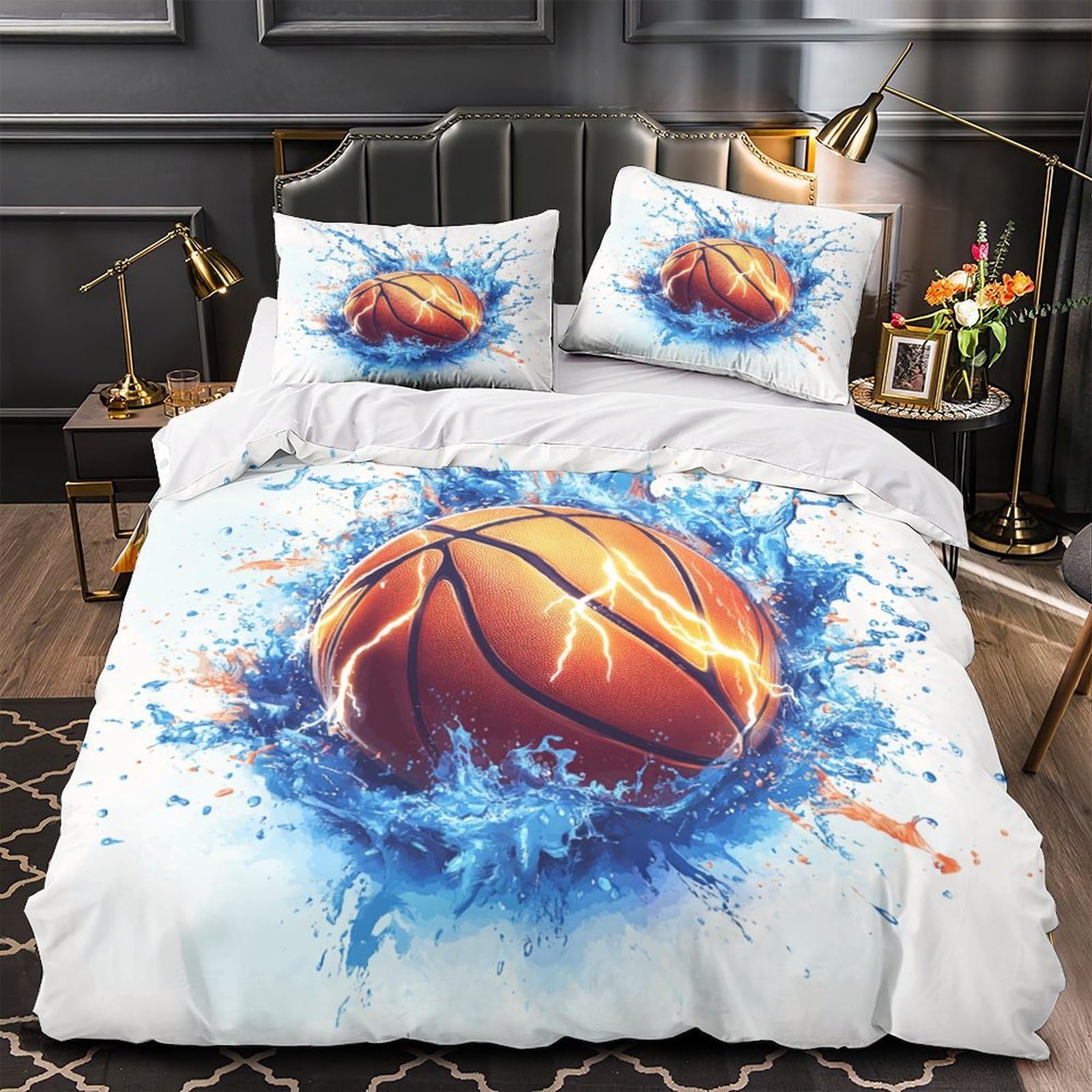 Housse de Couette Basket-Ball 3D Microfibre 200x200cm avec 2 Taies d'Oreiller