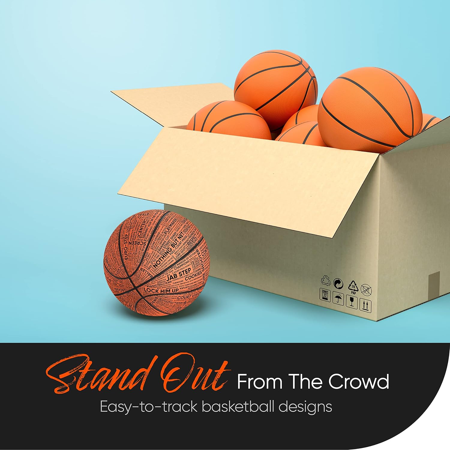 Millenti StreetCred-Lingo Series Indoor/Outdoor Basketballs Size 7-29.5 Premium Rubber Perfect Grip, with Chick Hearn Classic One Liner Basketball Adjectives, Orange, BB0107O