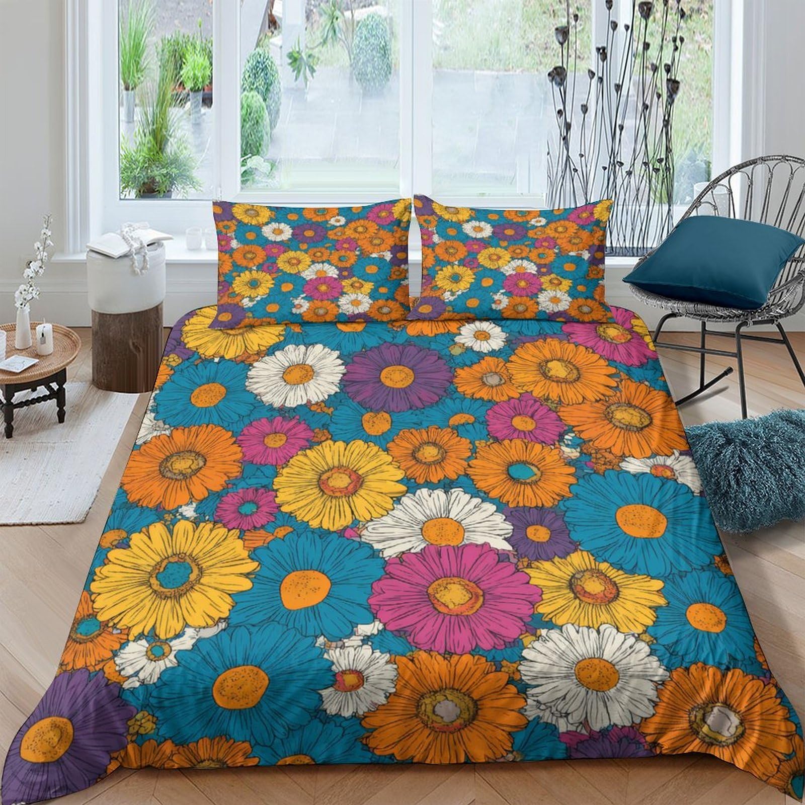 Ctjqhvkz Style-5 3D Printed Colorful Daisy Floral Fitted Sheet Microfiber Soft Breathable Retro Sunflower Mattress Cover For Bedroom Dorm Apartment Decor Single（135X200cm）