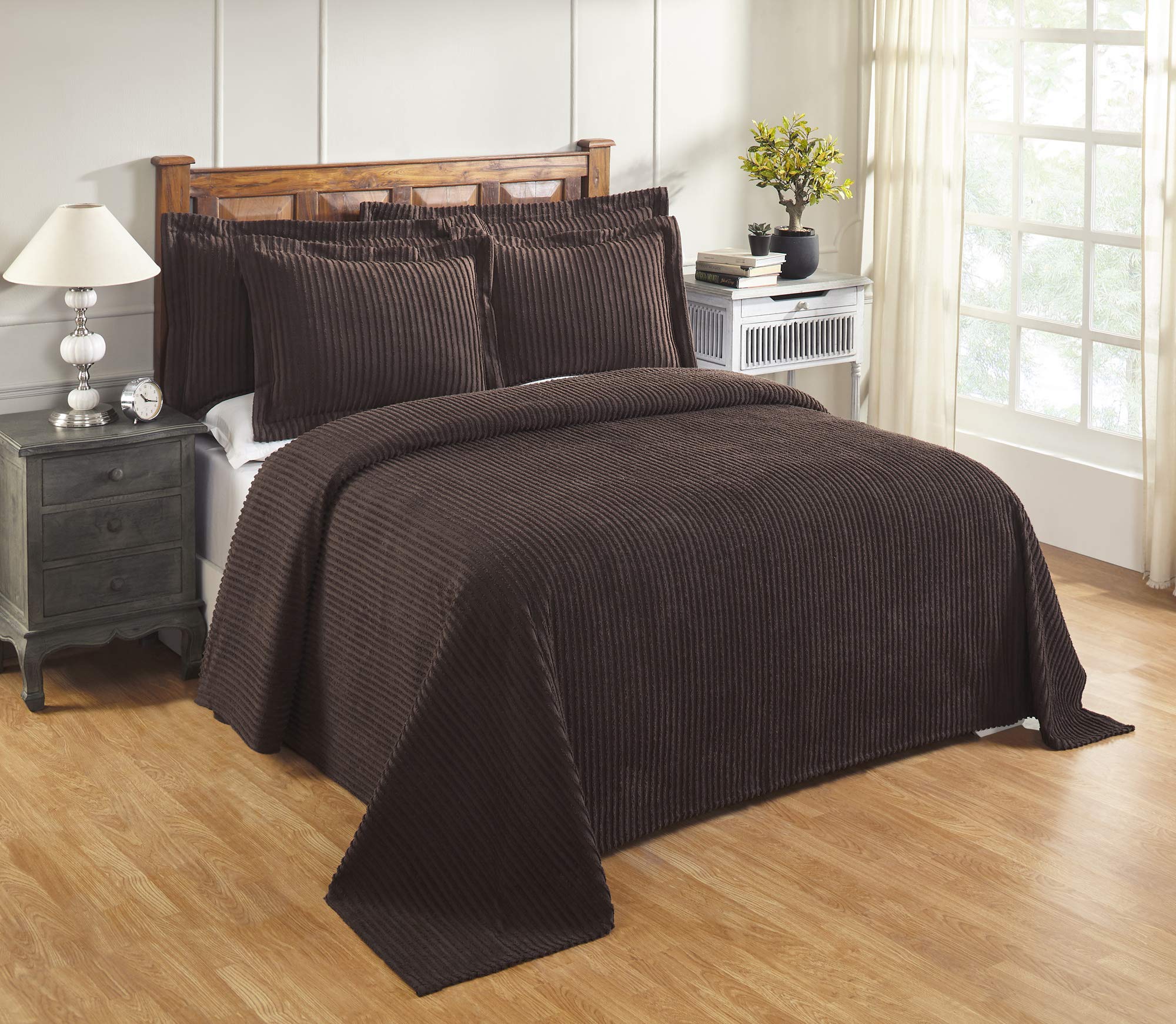 Better Trends Chenille Bedspreads Queen Size, Chocolate 100% Cotton Chenille Stripe Design Tufted Bedding Coverlet Soft Lightweight, 102"x110" with 2 Sham 3 Pieces Set Jullian Collection