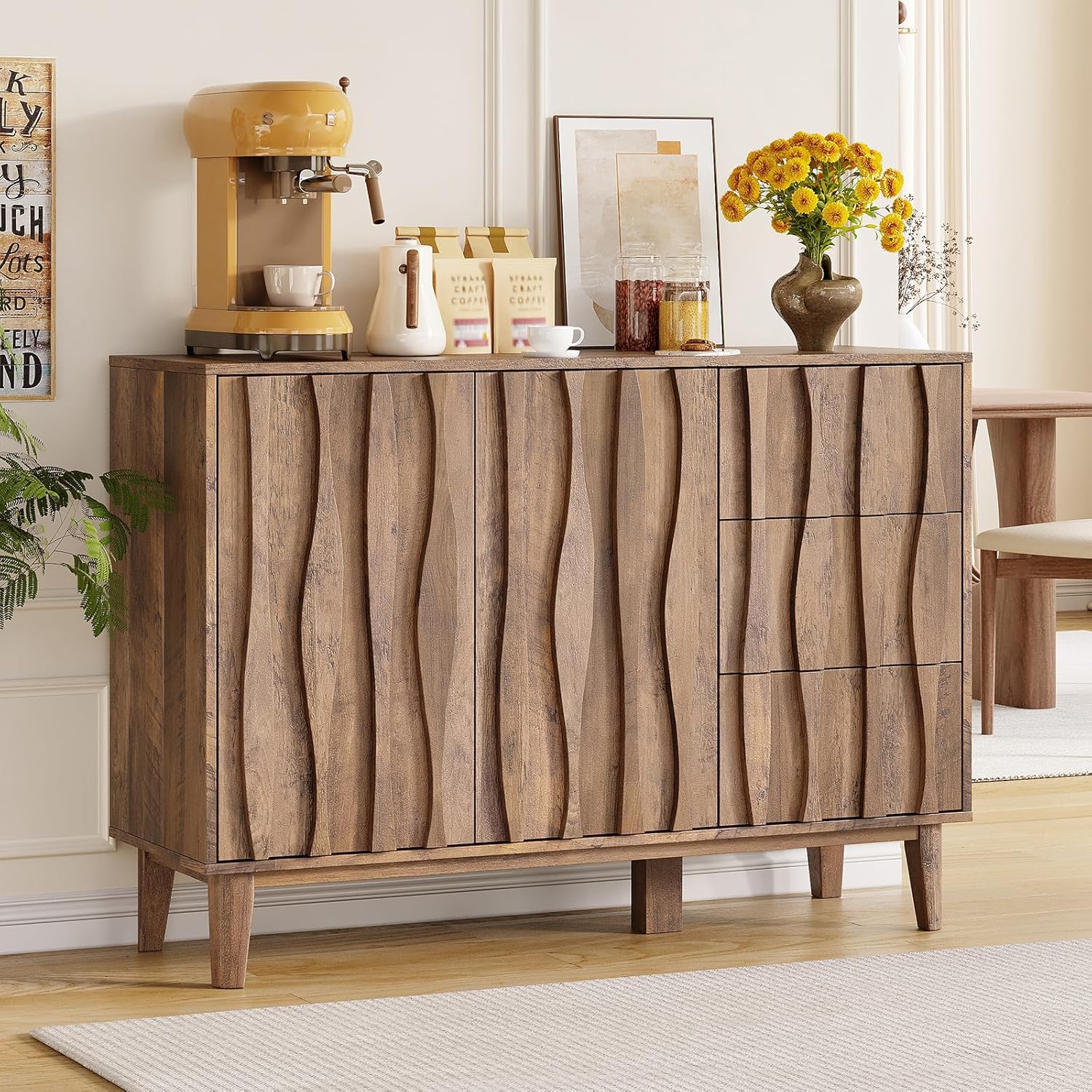 Maupvit Fluted Buffet Cabinet with Storage, 47.2" Sideboard Cabinet with 3 Drawers and 2 Doors, Adjustable Shelf, Large Coffee Bar Station Table for Kitchen, Dining, Living Room, Brown
