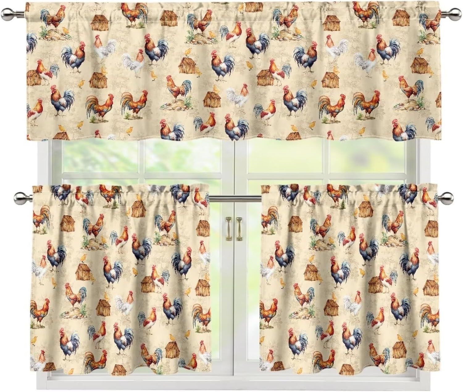 Rooster 3Pcs Set Curtains Valances for Windows Short Bathroom Curtains House Print Blackout Curtain Set Small Kitchen Window Curtain with Valance