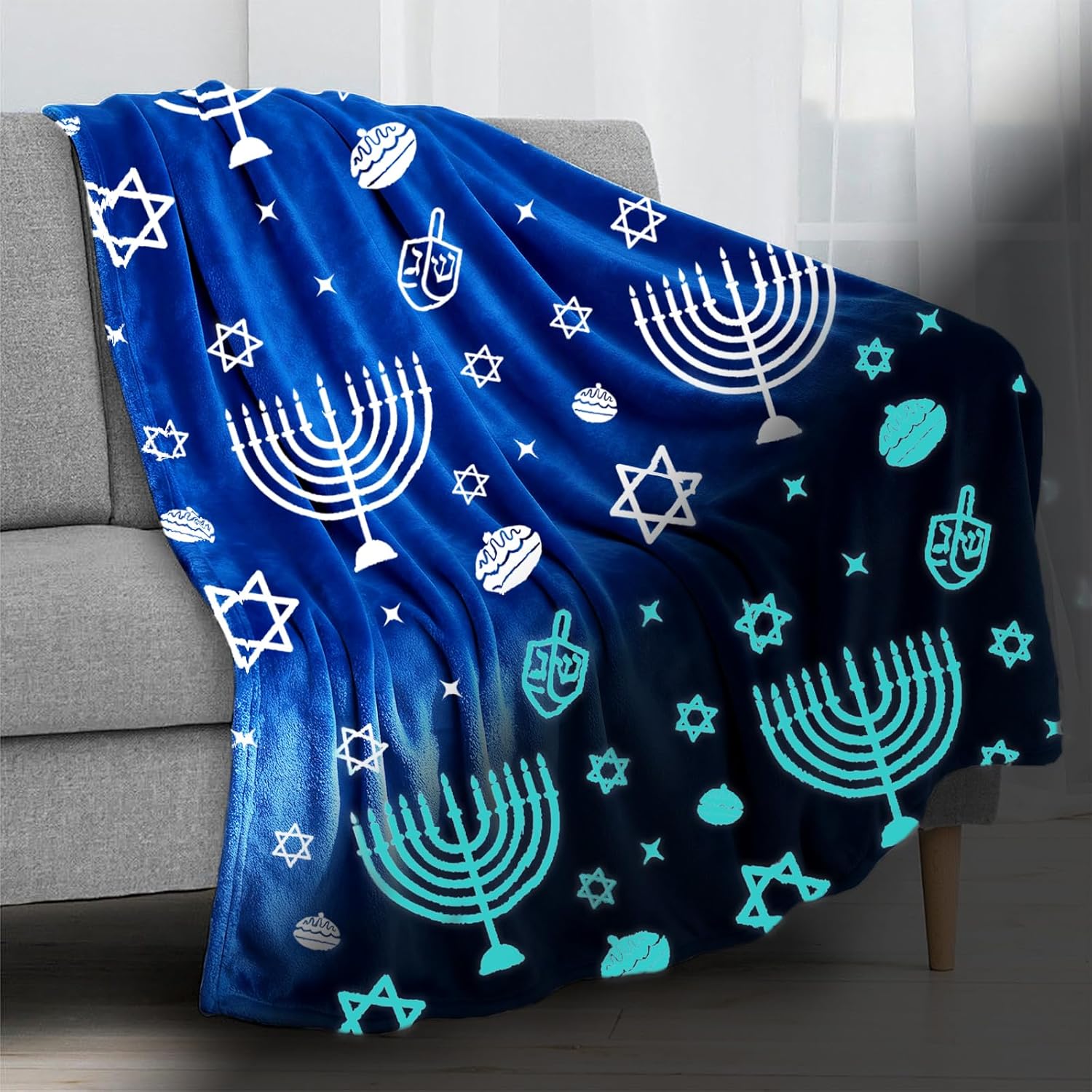 GOAUS Hanukkah Flannel Throw Blanket Glow in The Dark, 50x60 Inch, Jewish Chanukah Gifts for Boys Girls Kids