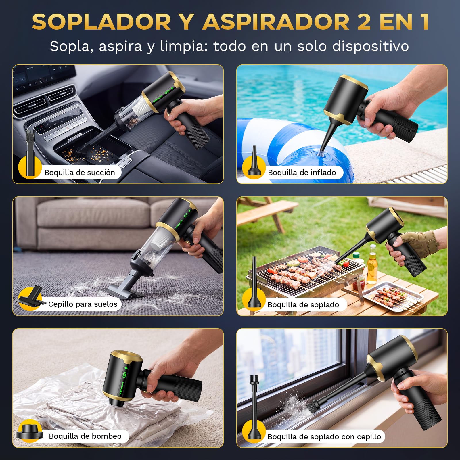 Famgoods Aspiradora de Mano 25000 Pa, Aspiradora Coche Inalámbrica 4 en 1, 3 Niveles y Pantalla LED, Batería 6000mAh Aspiradora Coche Potente, Mini Aspiradora Portátil para Hogar, Coche, Oficina