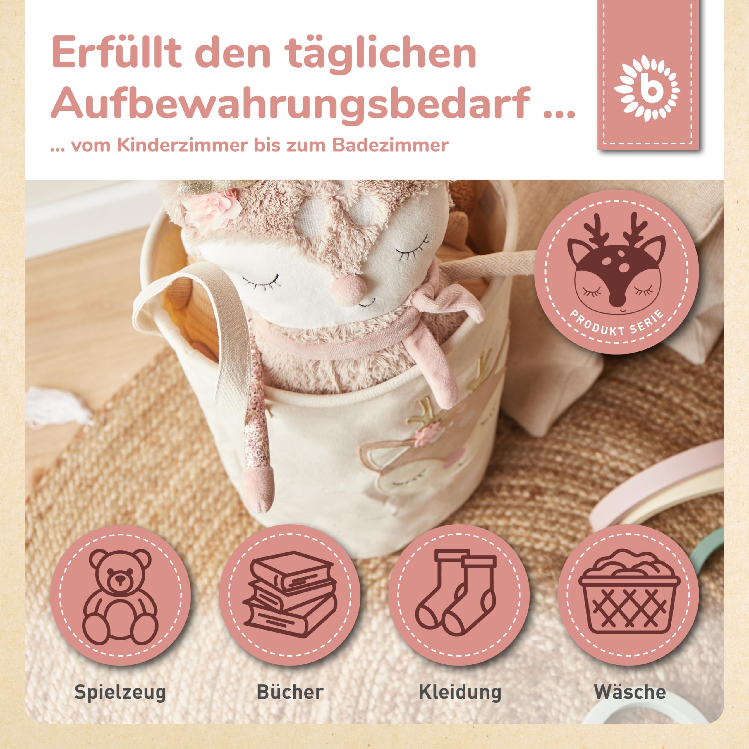 Bieco Wäschekorb Baby Reh Ella | Großer Aufbewahrungskorb Kinder Baumwolle und Wasserabweisend | Aufbewahrung Kinderzimmer | Wäschekorb Kinder