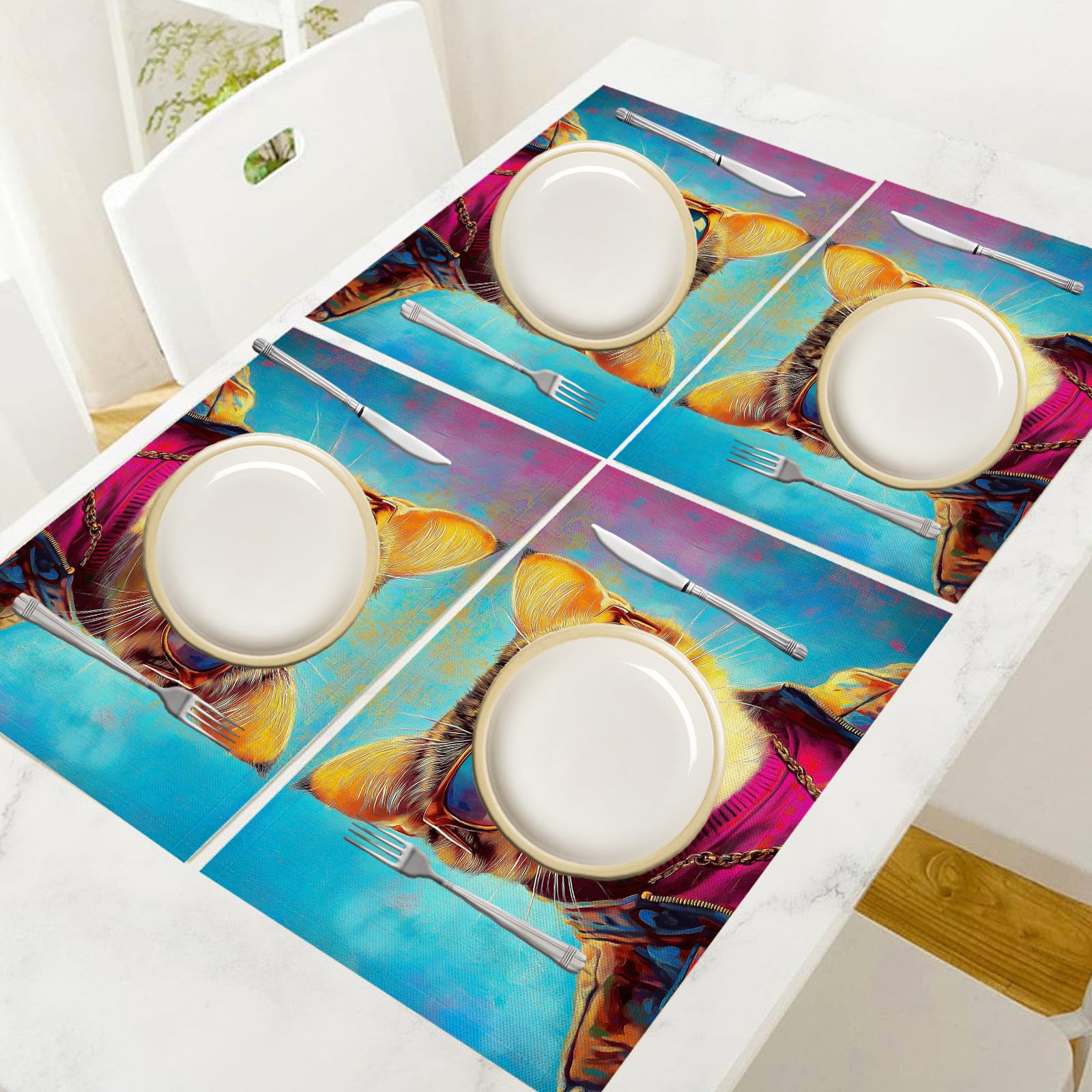Set de Table Animaux de Dessin animé Lavable - Lot 8 Sets de Table Tissu Coton et Lin 45×30cm Lavable en Machine - Beau Chat Napperon Rectangulaire Exterieur Interieur