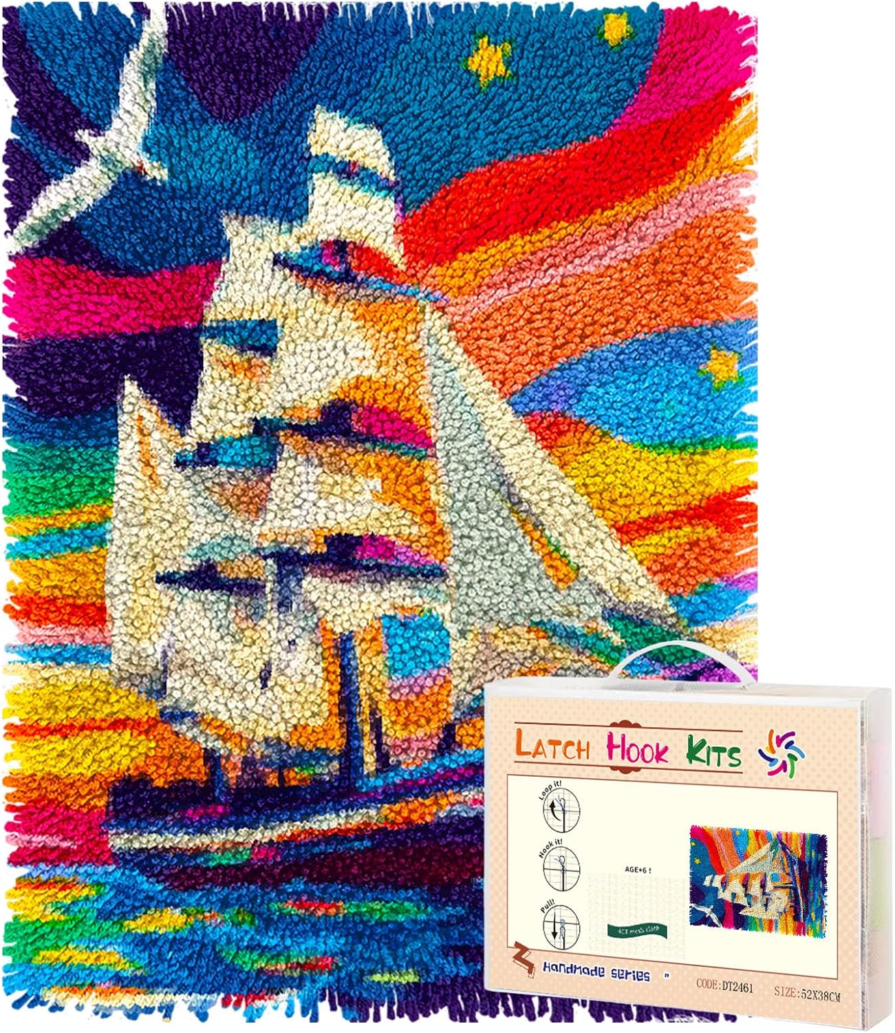 Latch Hook Rug Kit Sailboat in Sea Colorful Sky Pre-Printed Handmade Carpet Crochet Yarn Craft DIY Hook and Latch Door Mat Tapestry for Home Floor Decoration 52x38cm-2