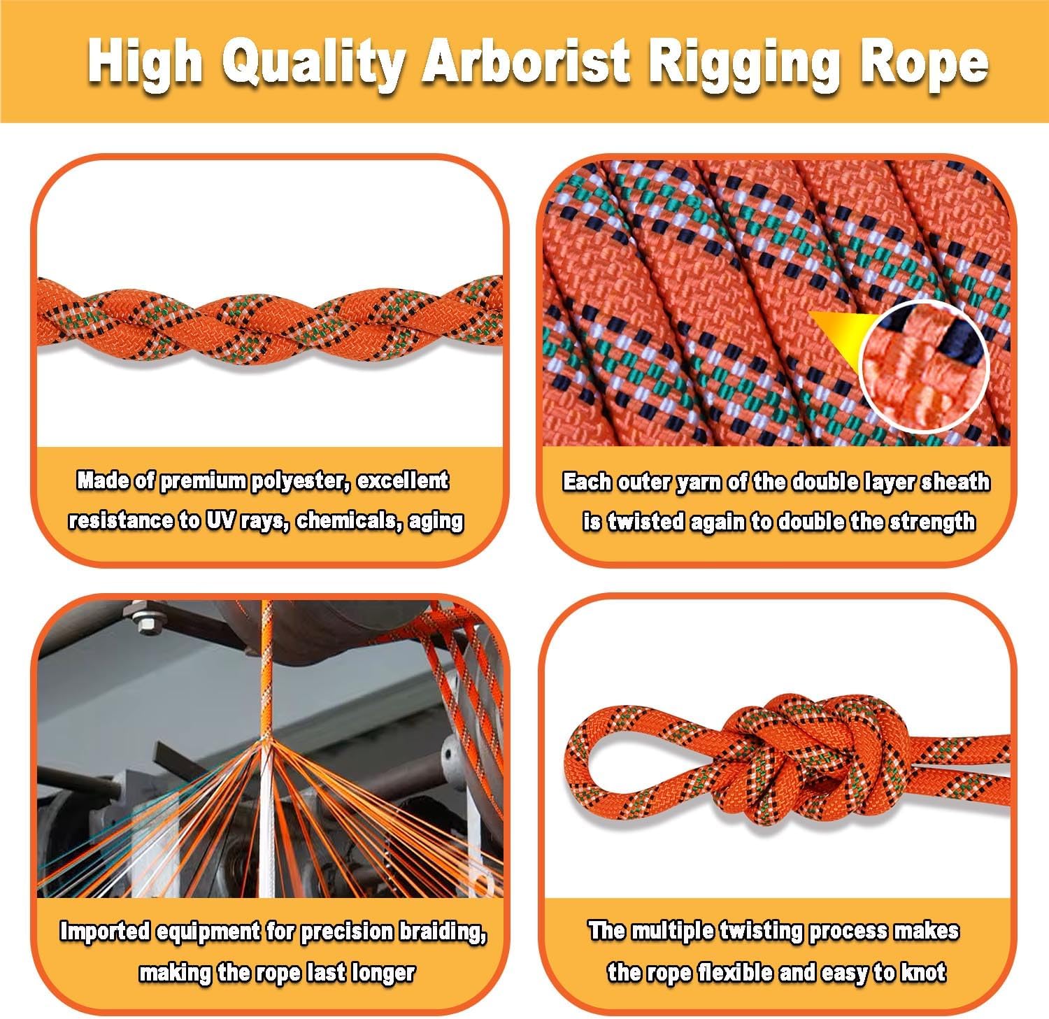 Double Braided Polyester Rope (1/2 Inch x 200 Feet) 48 Strands Strong Arborist Rope Climbing for Tree Work Pulling Swing Sailing, Orange