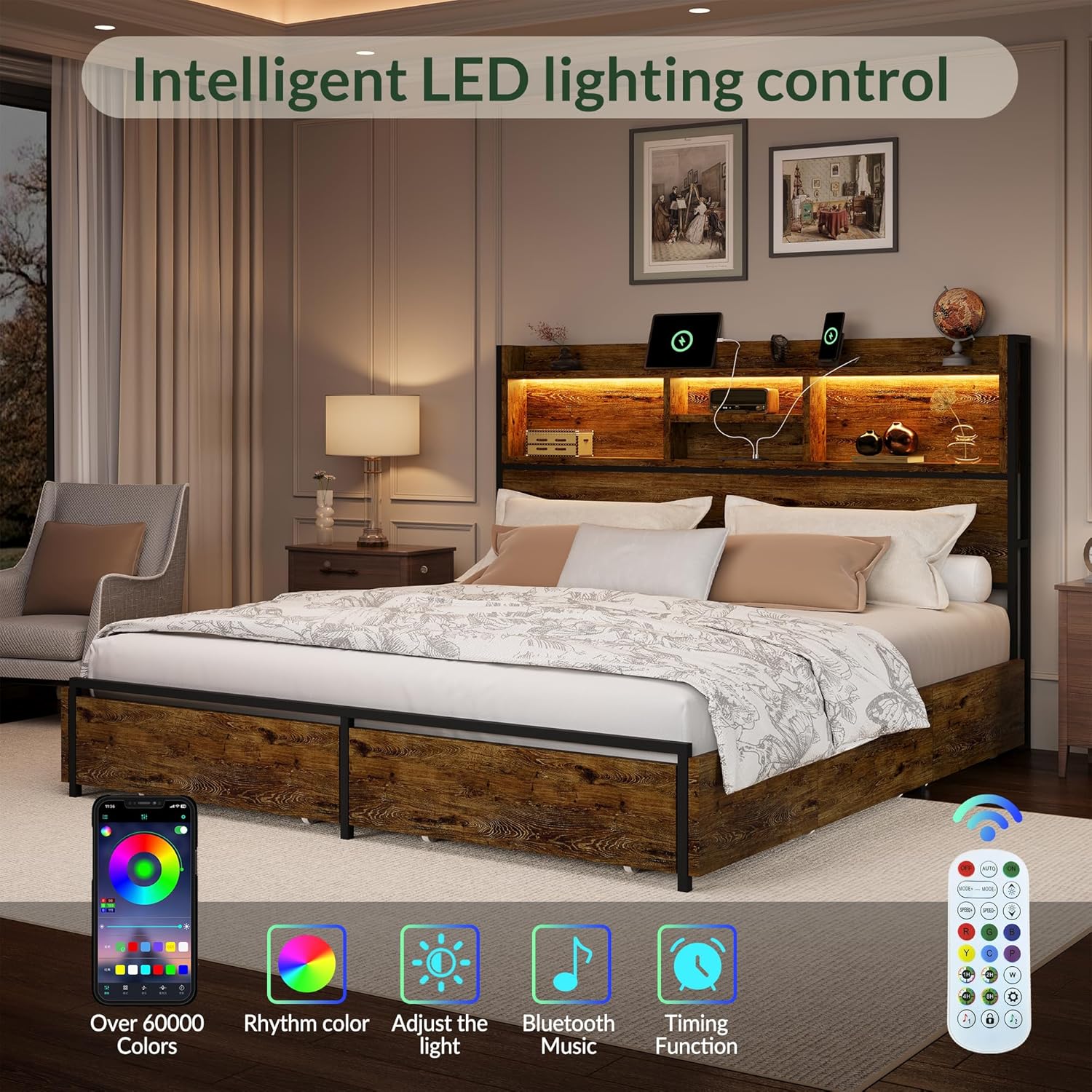 Bed frame headboard with illuminated LED lights and a remote control and smartphone app interface for controlling the lights.