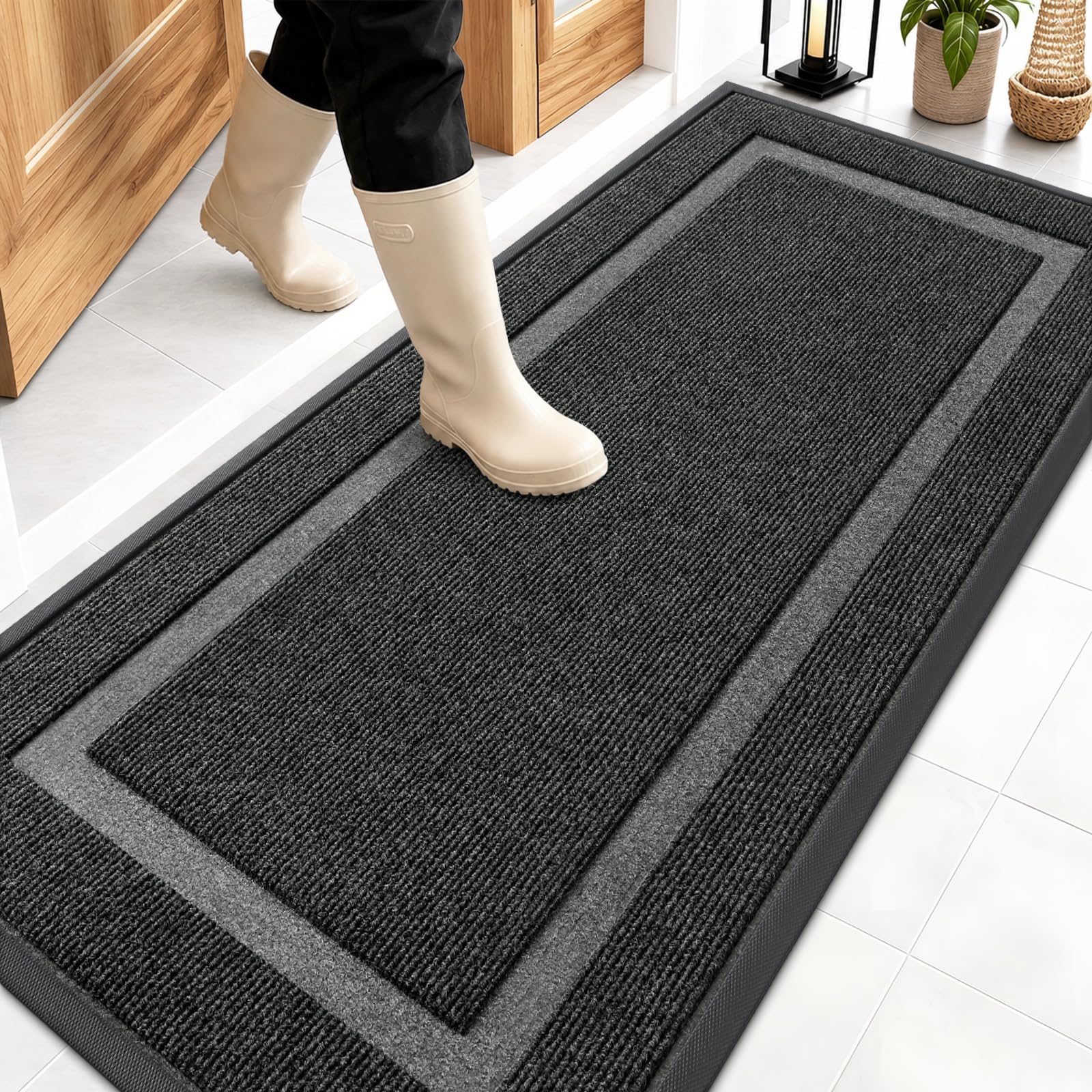 OLANLY Front Door Mat Outside 59x23, All-Season Heavy-Duty Rubber Doormat | Black, Absorbent, Stain and Fade Resistant, Waterproof Non-Slip Backing, Low-Profile Indoor Outdoor Floor Mat for Entryway