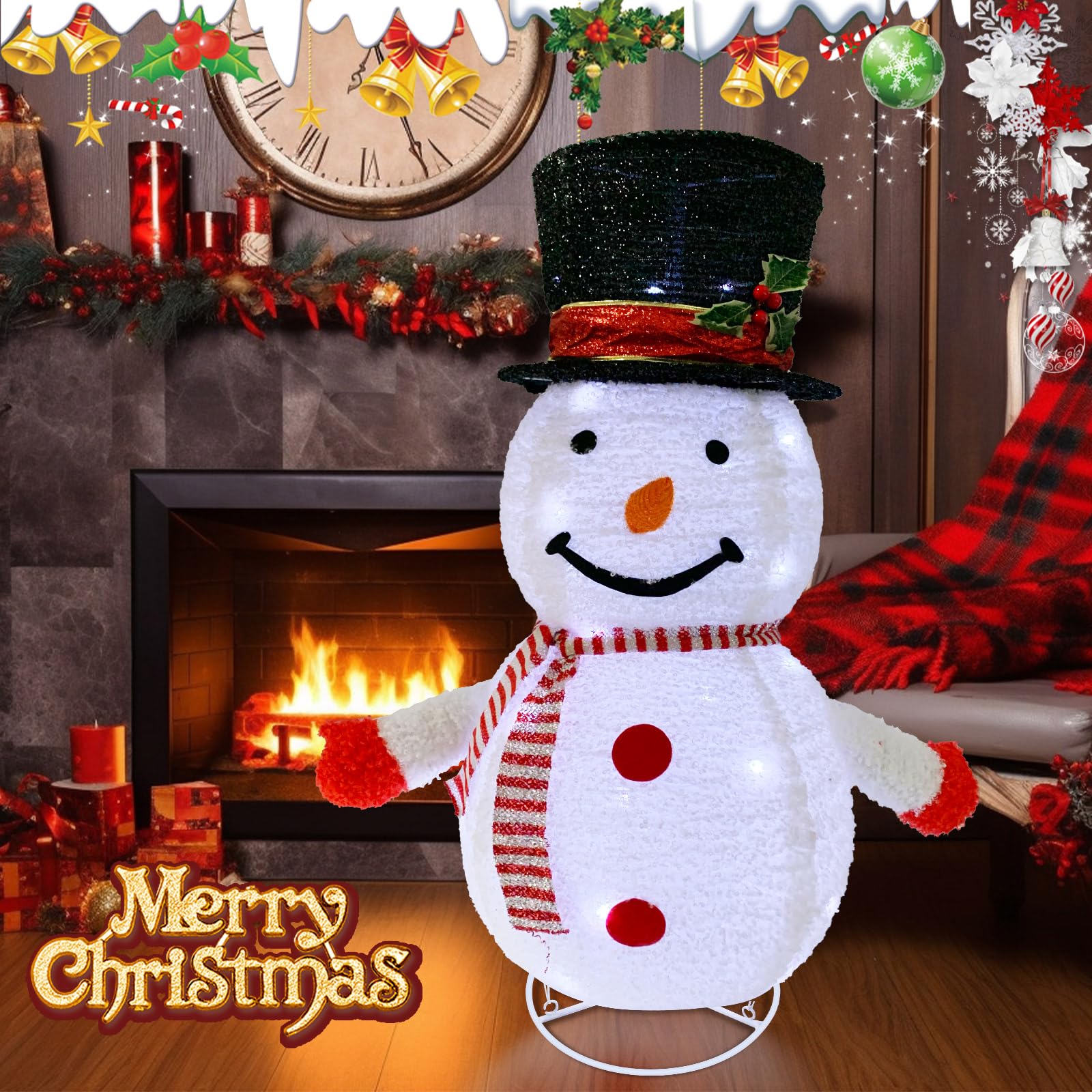 Bonhomme De Neige Lumineux LED 77 Cm – Pliable, Avec 40 LED Et Modes Scintillants – Déco Noël Intérieur/extérieur