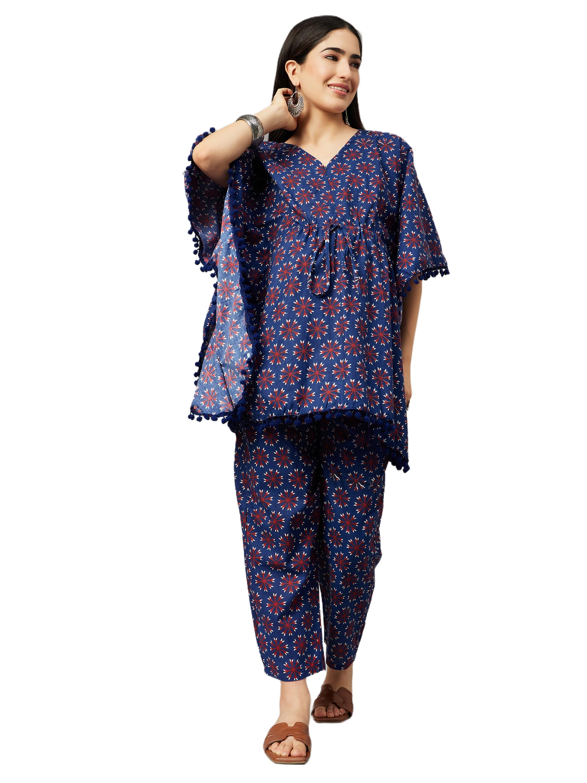 aaheli Women’s Cotton Maternity Wear Set with Printed Kaftan & Pants – Zip Closure & Drawstring Waist, Soft & Easy Fit for Moms-to-Be (Blue, M)-picture-12