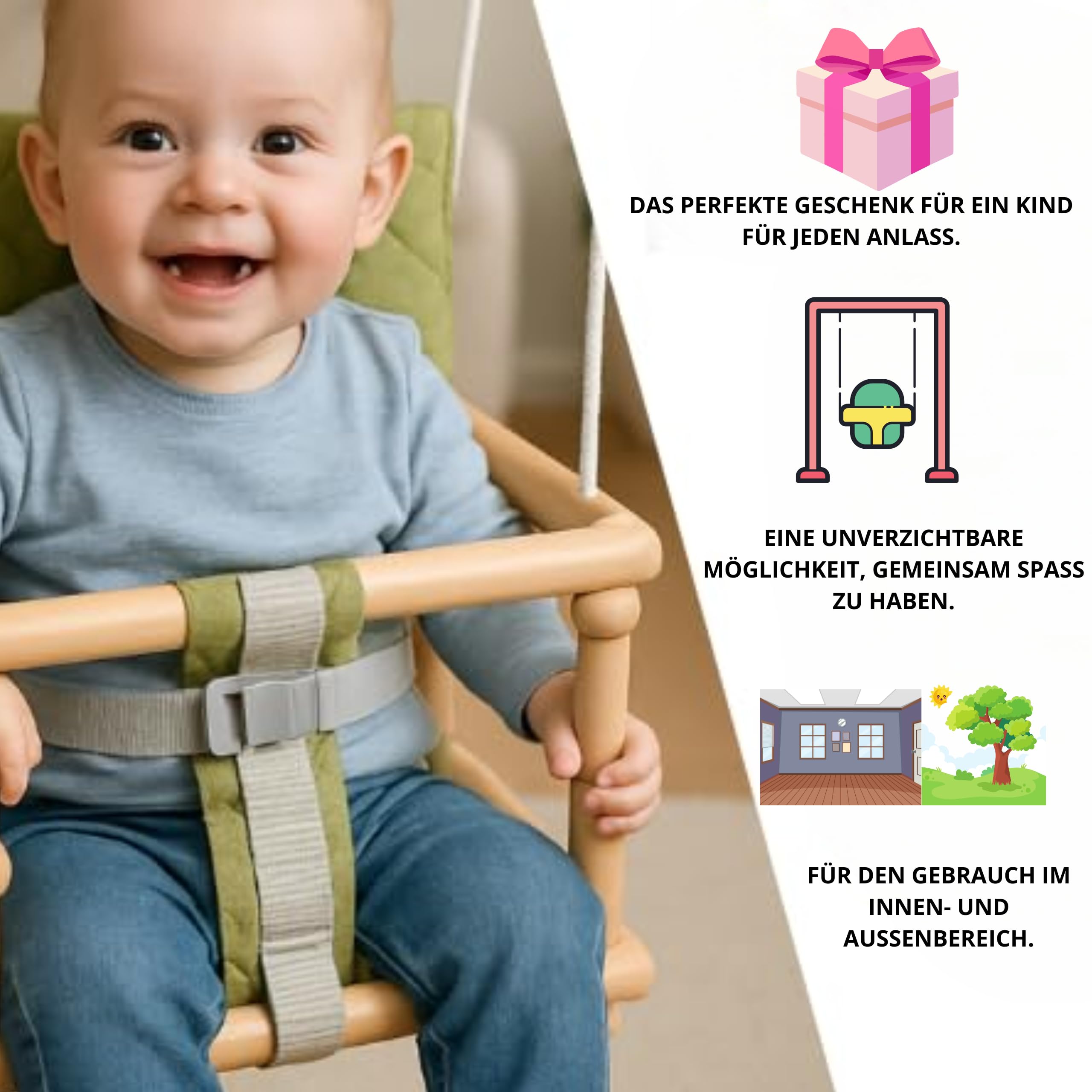 Drewniana huśtawka dla dzieci, huśtawka dla dzieci, huśtawka 3 w 1 + pas bezpieczeństwa, huśtawka dla malucha, huśtawka dla niemowląt, huśtawka dla dzieci, drewniana huśtawka do wewnątrz i na zewnątrz