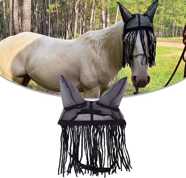 Masque anti-mouches pour cheval avec pompons doux pour équitation et utilisation stable, noir, trois tailles (L) - 4