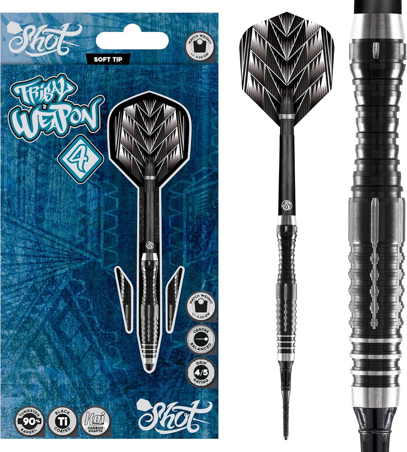 Shot Darts Soft Tip, Tribal Weapon 4 (18g / 20g), 90% Tungsten Barrels, Center Balanced with Precision Grips, Handcrafted Professional Dart Set and Flights Made in New Zealand, Plastic Tip Bar Darts