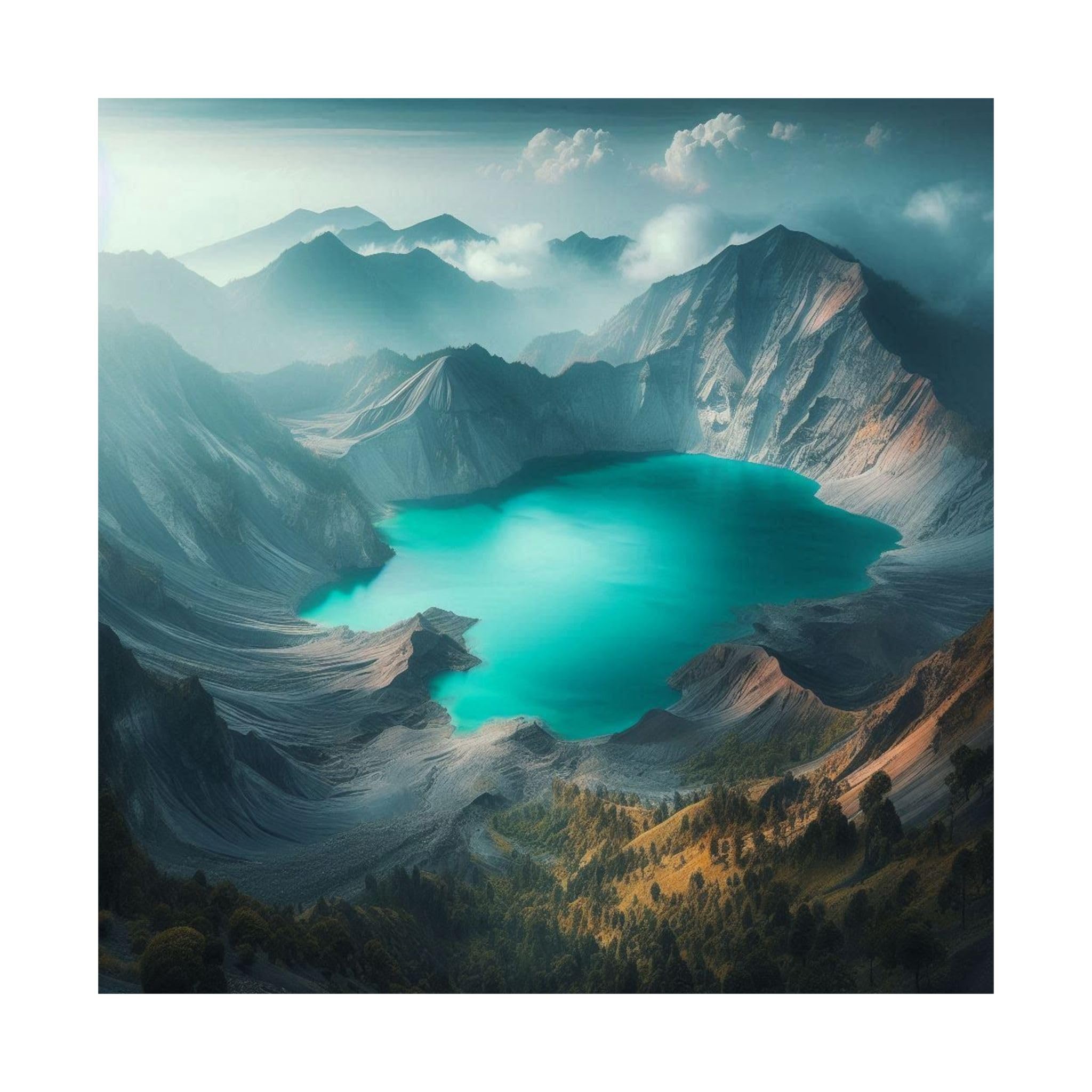 Mount Rinjani Crater Lake, Indonesia Matte Poster - Turquoise Crater Lake - Made in USA - 18x18 Inch