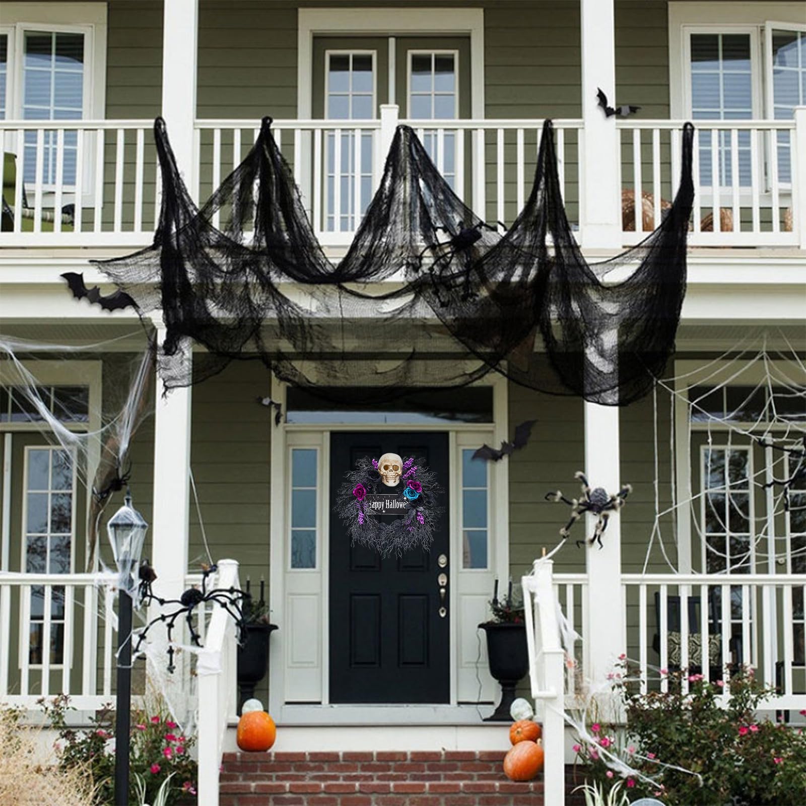 Couronne d'Halloween pour porte d'entrée, 36,8 cm, couronne lumineuse chauve -souris et chat avec lumières LED violettes, décoration de porte d'Halloween à piles