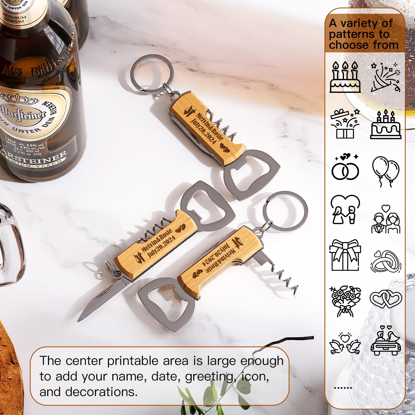 Stepdiy 50PCS Personalized Multifunctional Wooden Bottle Opener for Wedding Party, Birthday Party, Customized Gifts, Engraved Bottle Opener Keychains