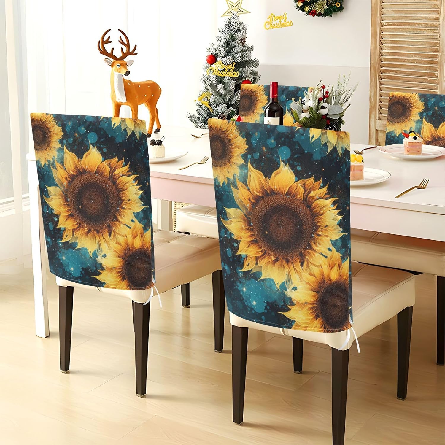 ALAZA Sunflowers Flowers Blue Geometric Chair Back Cover Set of 6, Washable Reusable Removable Chair Slipcovers Decorative Chair Cover for Home Kitchen Wedding Party