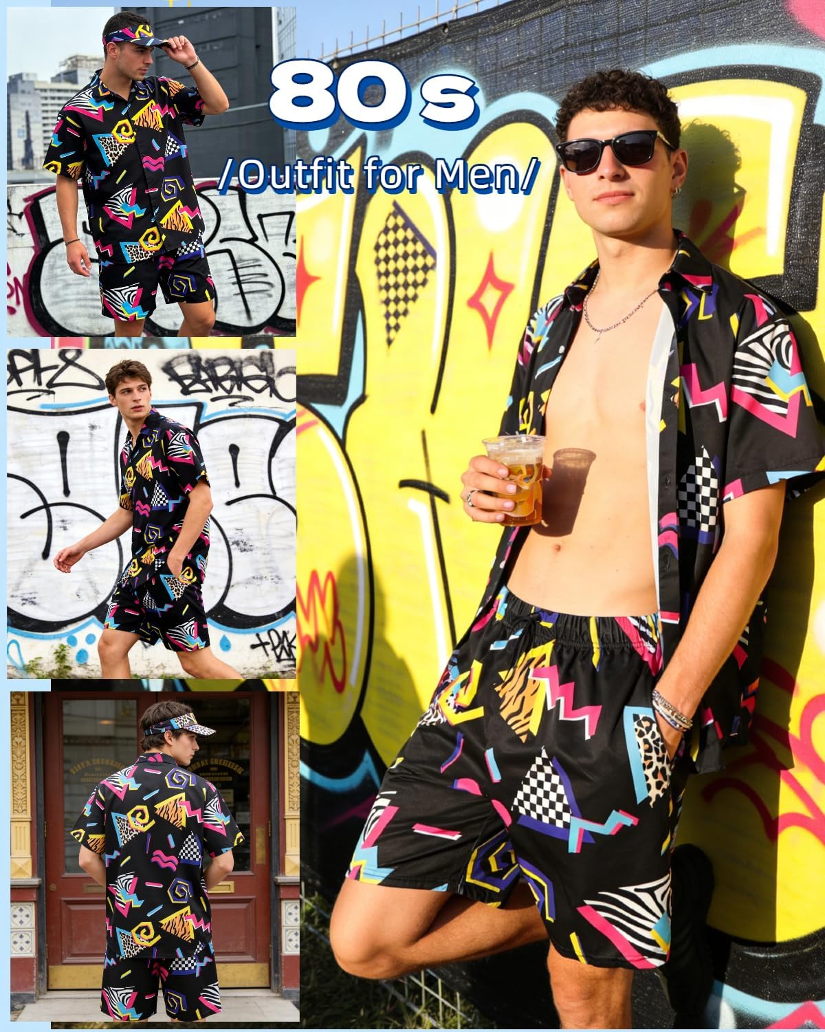 kasahara 80s 90s Outfit for Men Retro Hawaiian Shirts and Short Set Mens 80s Clothes 90s Costume Tracksuit with Visor