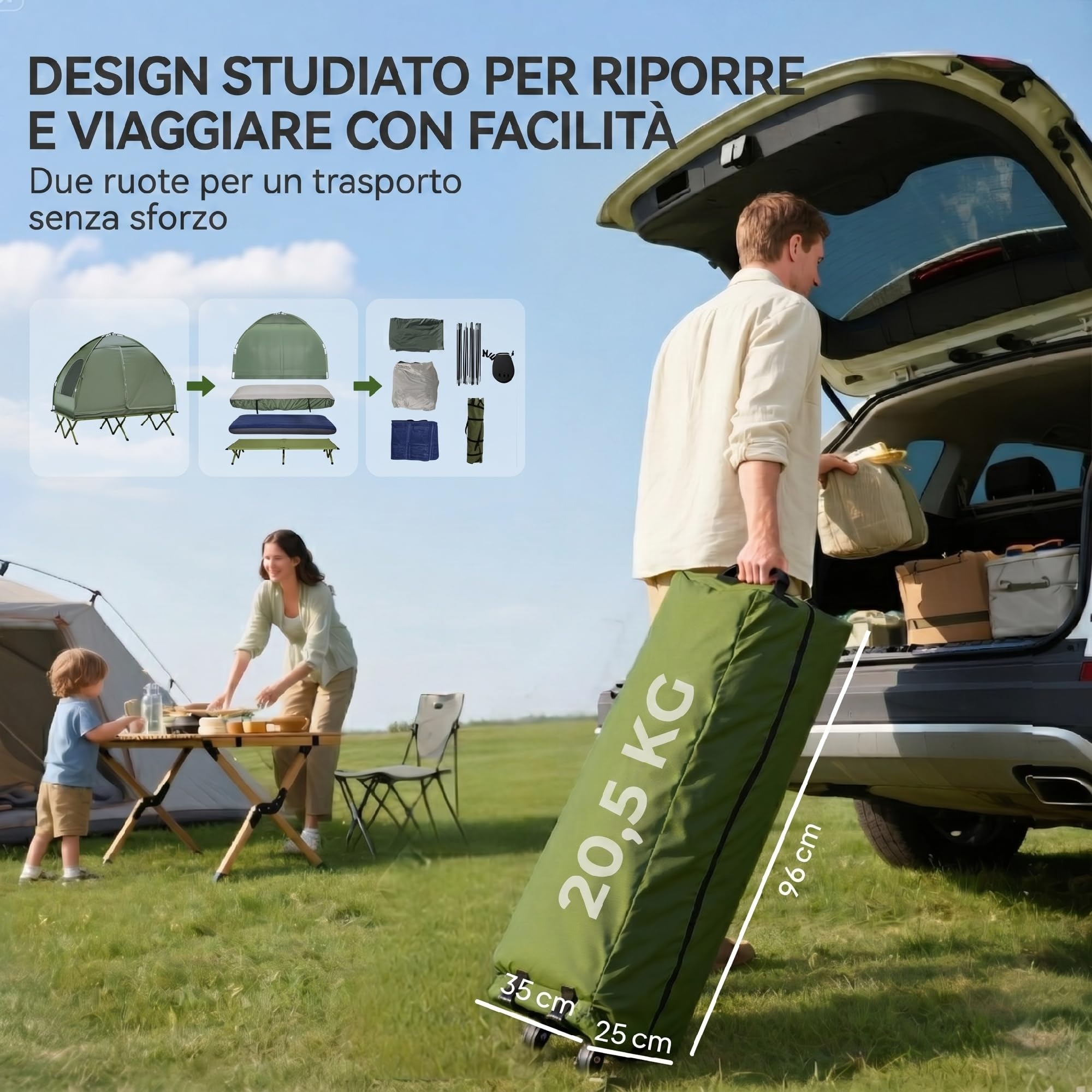 Outsunny Cama Doble de Camping Plegable con Tienda de Campaña 4 en 1 Cama de Campamento Elevada con Colchón Hinchable y Bolsa de Transporte de Tela Oxford 600D Acero 193x145x180 cm Verde