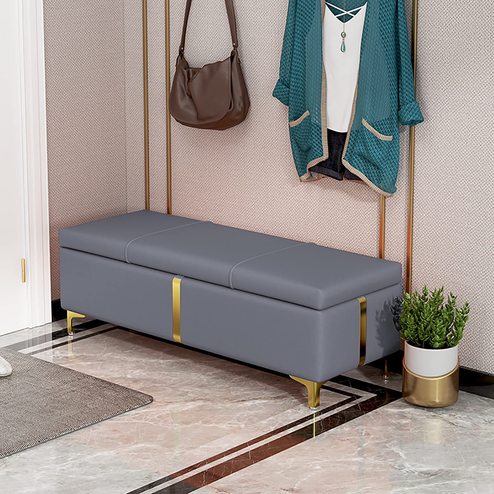 Banc de rangement pliable avec pouf coffre à chaussures et repose-pieds en PU